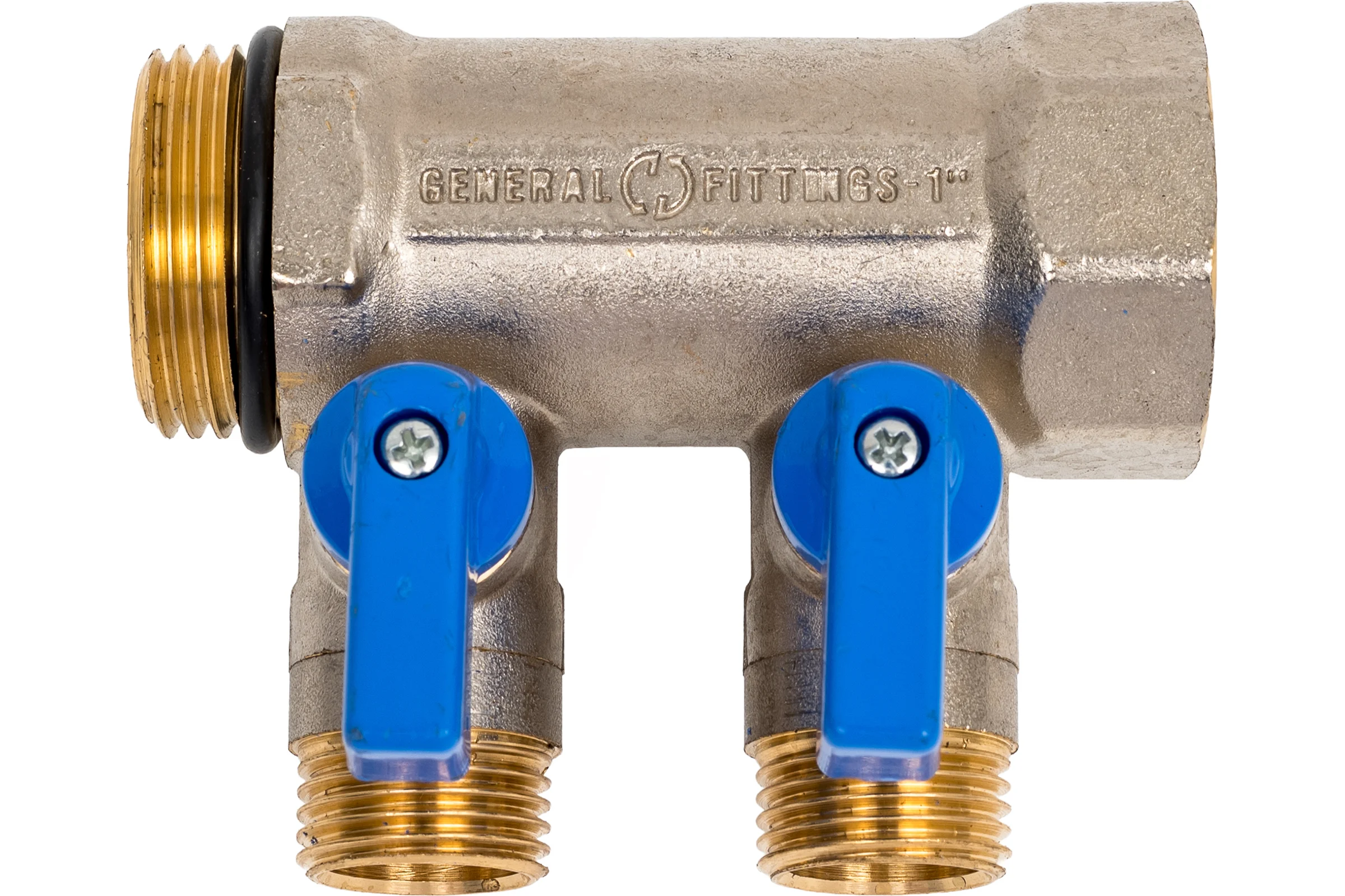 Коллектор с шаровыми кранами STOUT Smb 6211 011202 1", 2 отвода 1/2", синие ручки RG0091AACQM73N