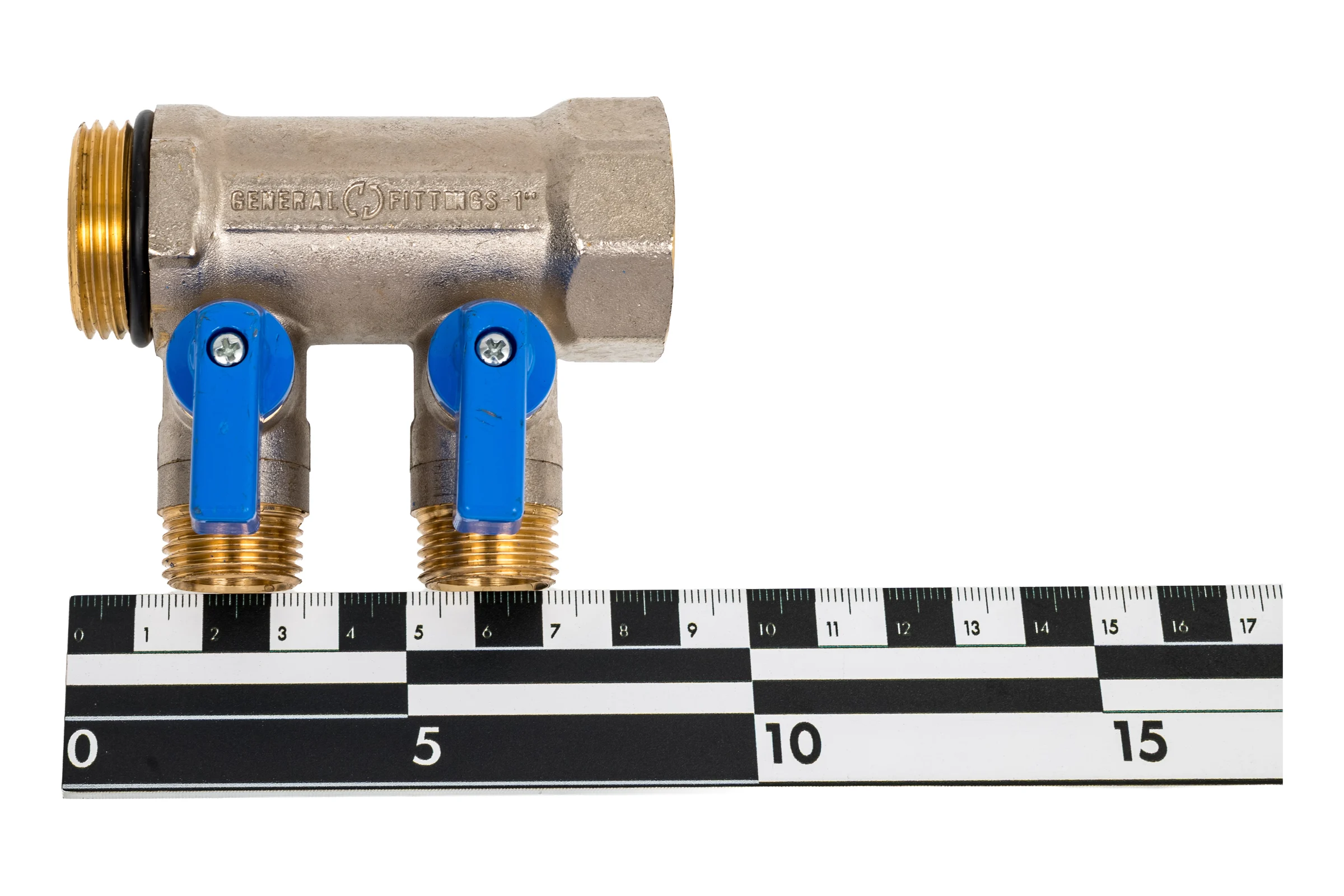 Коллектор с шаровыми кранами STOUT Smb 6211 011202 1", 2 отвода 1/2", синие ручки RG0091AACQM73N
