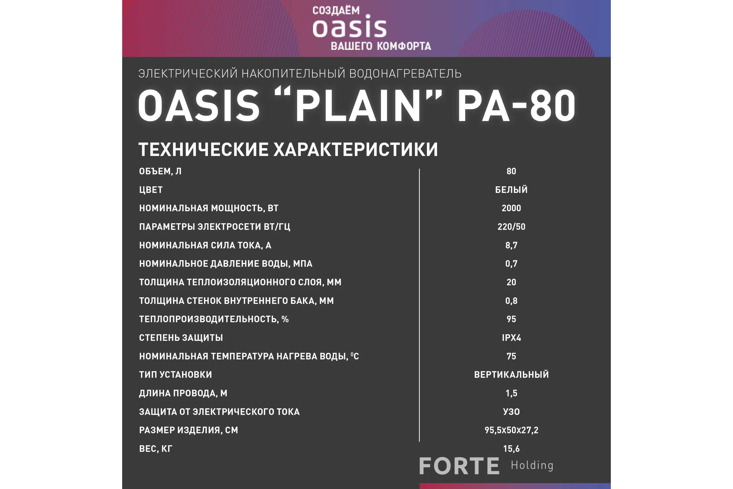 Электрический накопительный водонагреватель OASIS pa-80 4640039481218