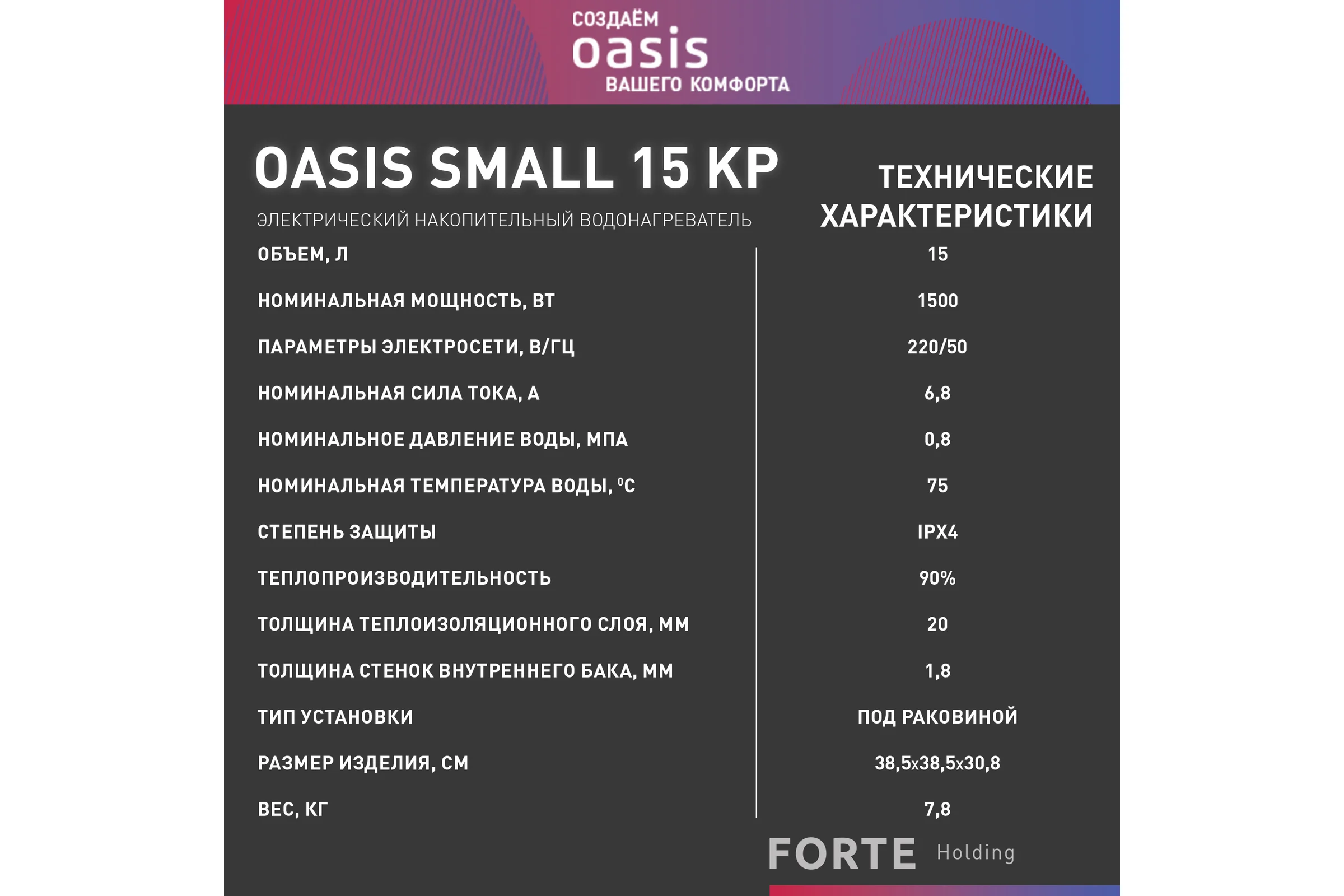 Электрический накопительный водонагреватель OASIS 15 kp (под раковиной)
