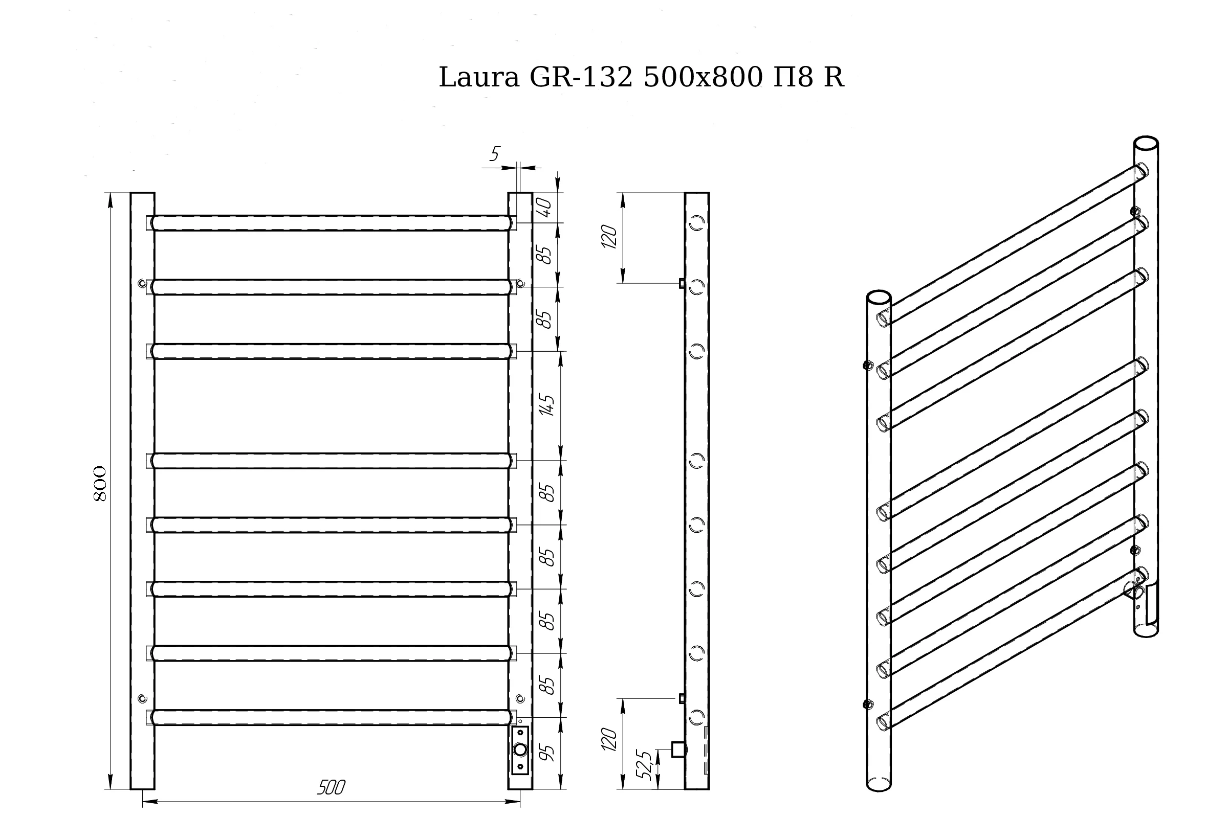 Электрический полотенцесушитель GROIS с/т черный матовый Laura GR-132 500x800 RAL 9005 П8 R