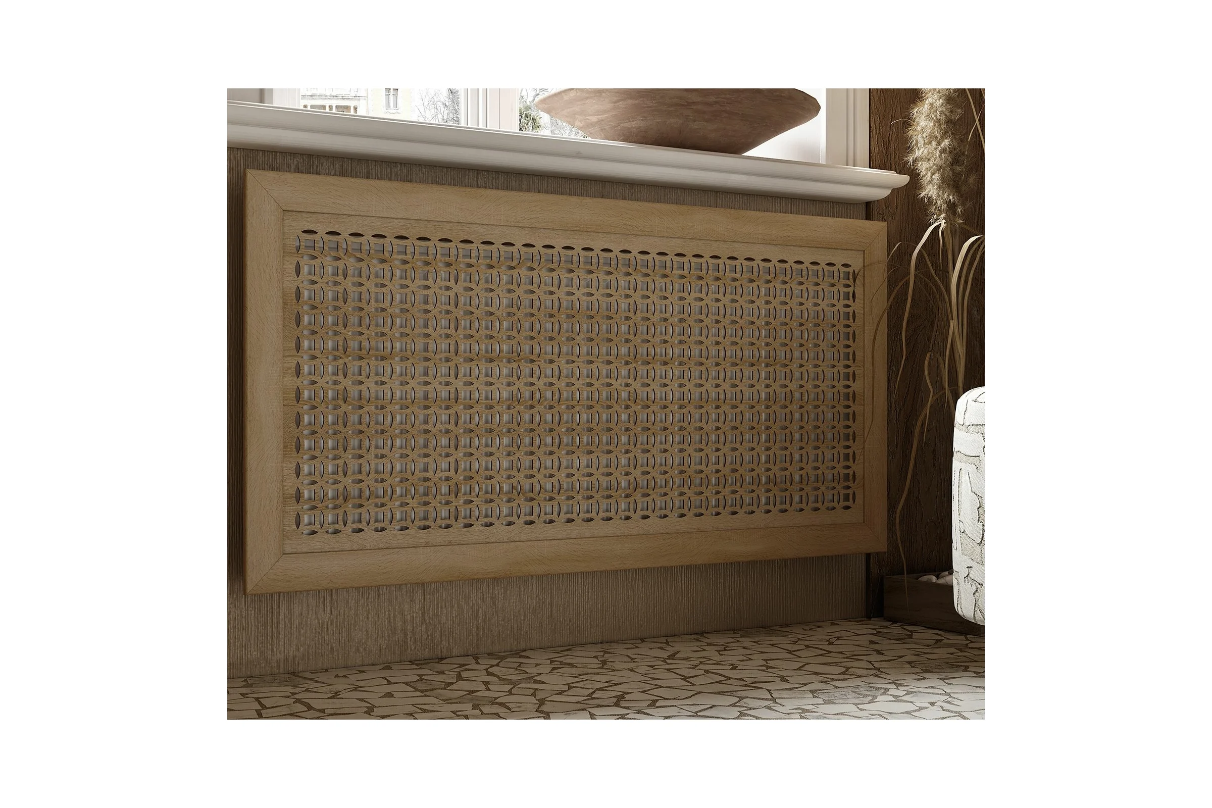 Декоративный экран для радиаторов и батарей Cosca Decor Модерн 600x1200 мм, дуб сонома, сусанна, с рамкой СПБ072549