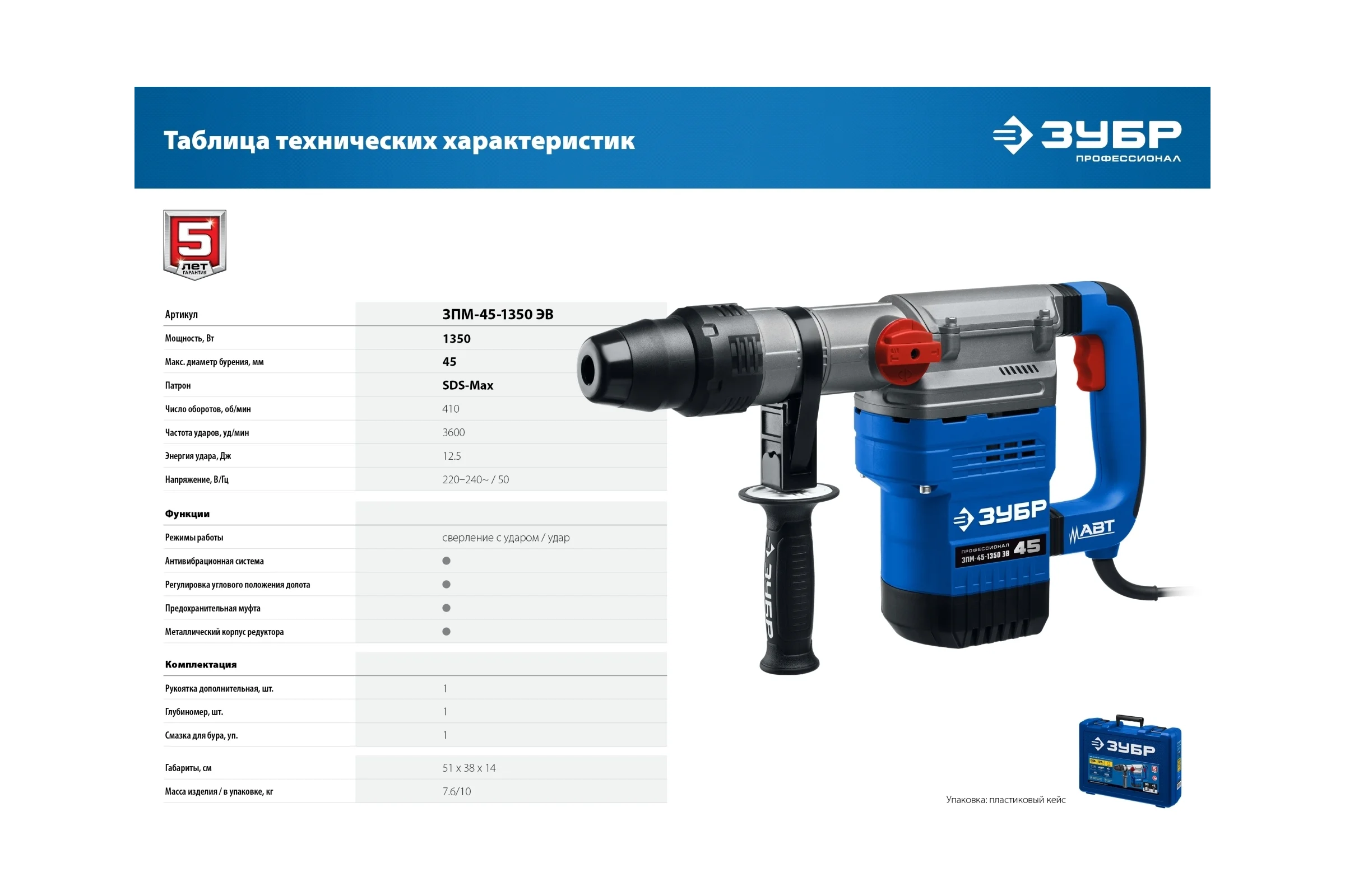 Перфоратор ЗУБР Профессионал SDS Max 1350 Вт, 45 мм ЗПМ-45-1350 ЭВ