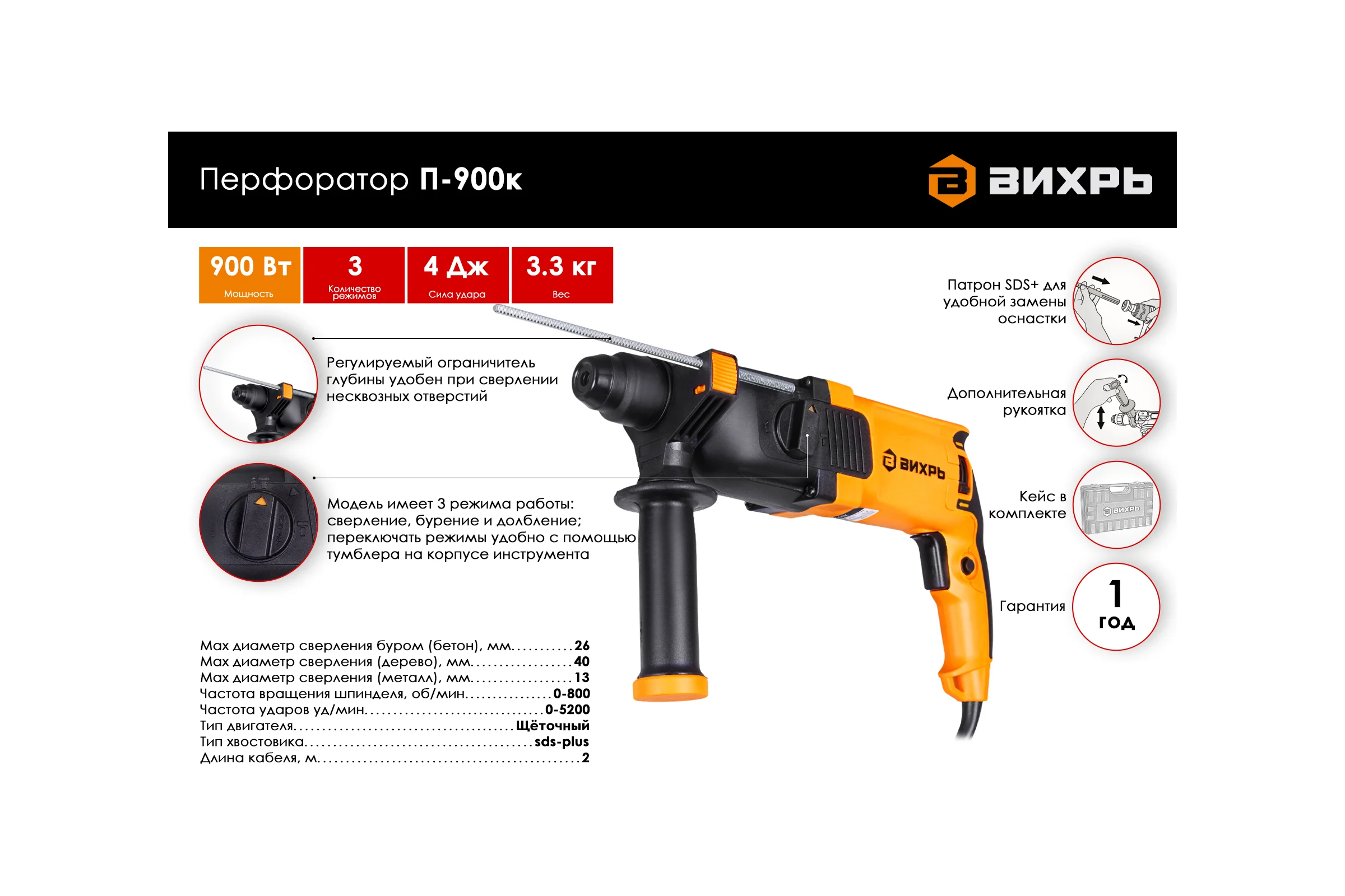Перфоратор ВИХРЬ П-900К 72/3/2