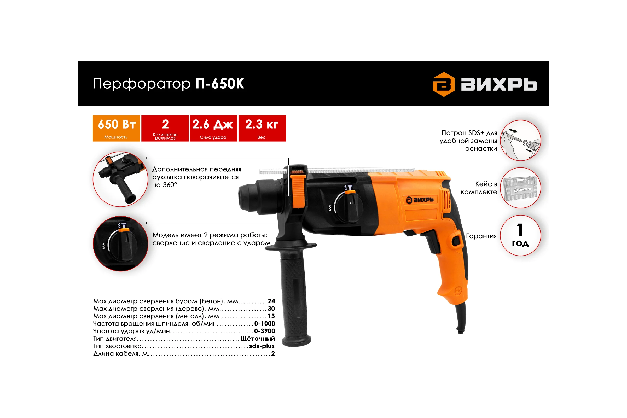 Перфоратор ВИХРЬ П-650К 72/3/5