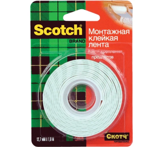 Монтажная двусторонняя лента (12 мм х 1.9 м) для внутренних работ 110P Scotch 24Б0004996