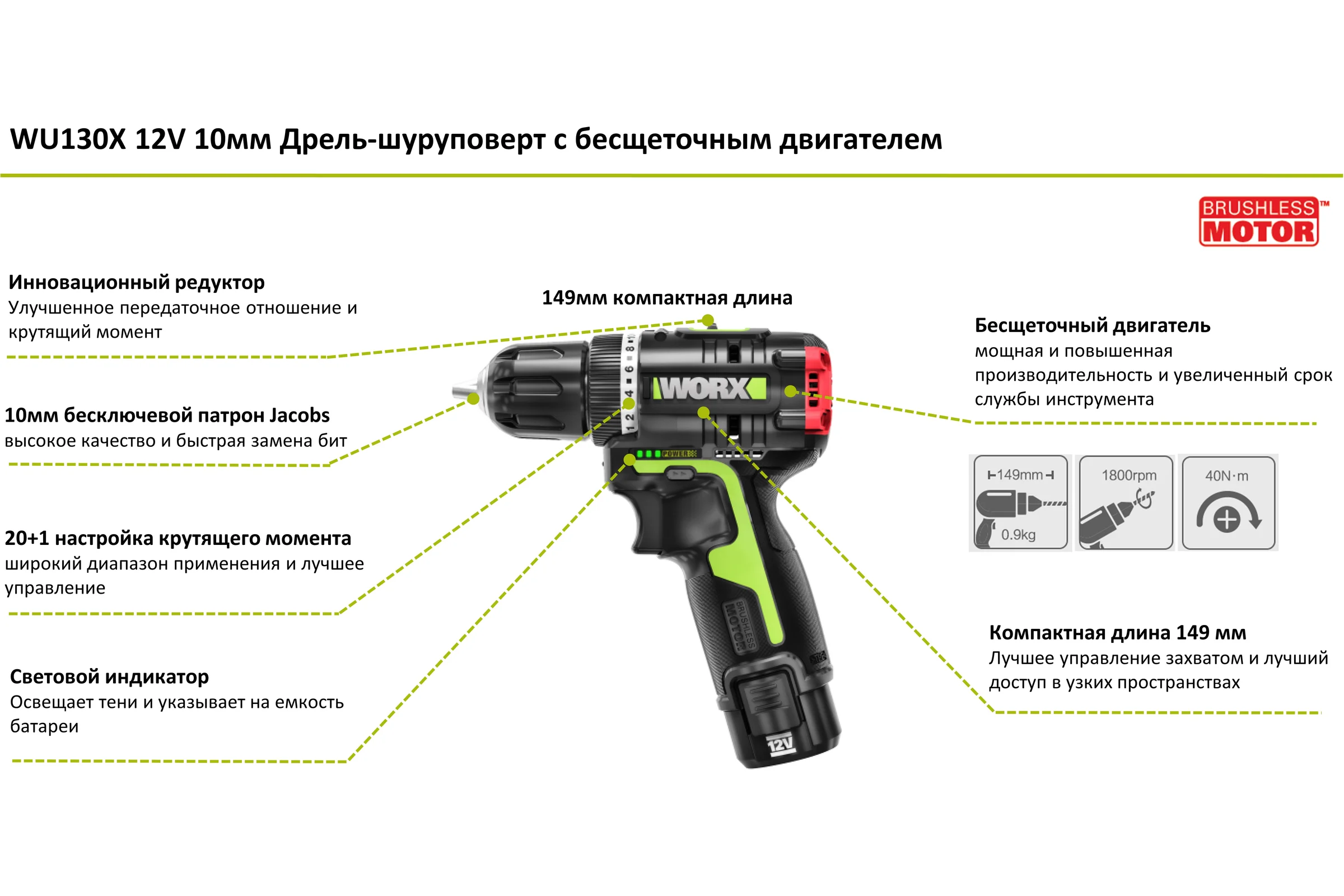 Аккумуляторная дрель-шуруповерт WORX Professional WU130X