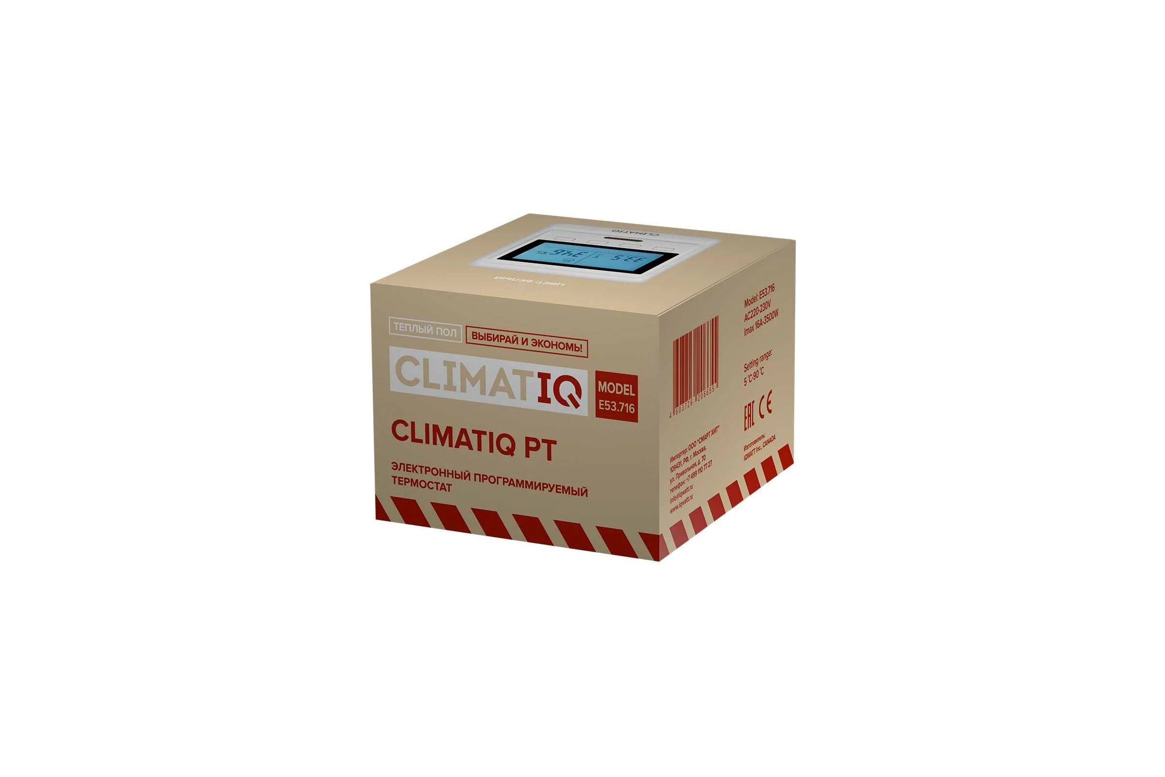 Терморегулятор для теплого пола IQWATT CLIMATIQ PT с ЖК-дисплеем и функциями программирования, белый 20665