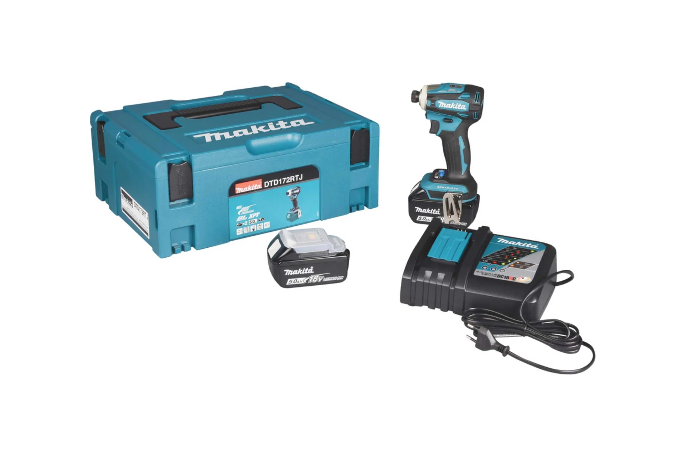 Аккумуляторный ударный бесщеточный шуруповерт Makita Т-Режим, 1/4", 180Нм, М5-М16, кейс, 2x5Ач DTD172RTJ