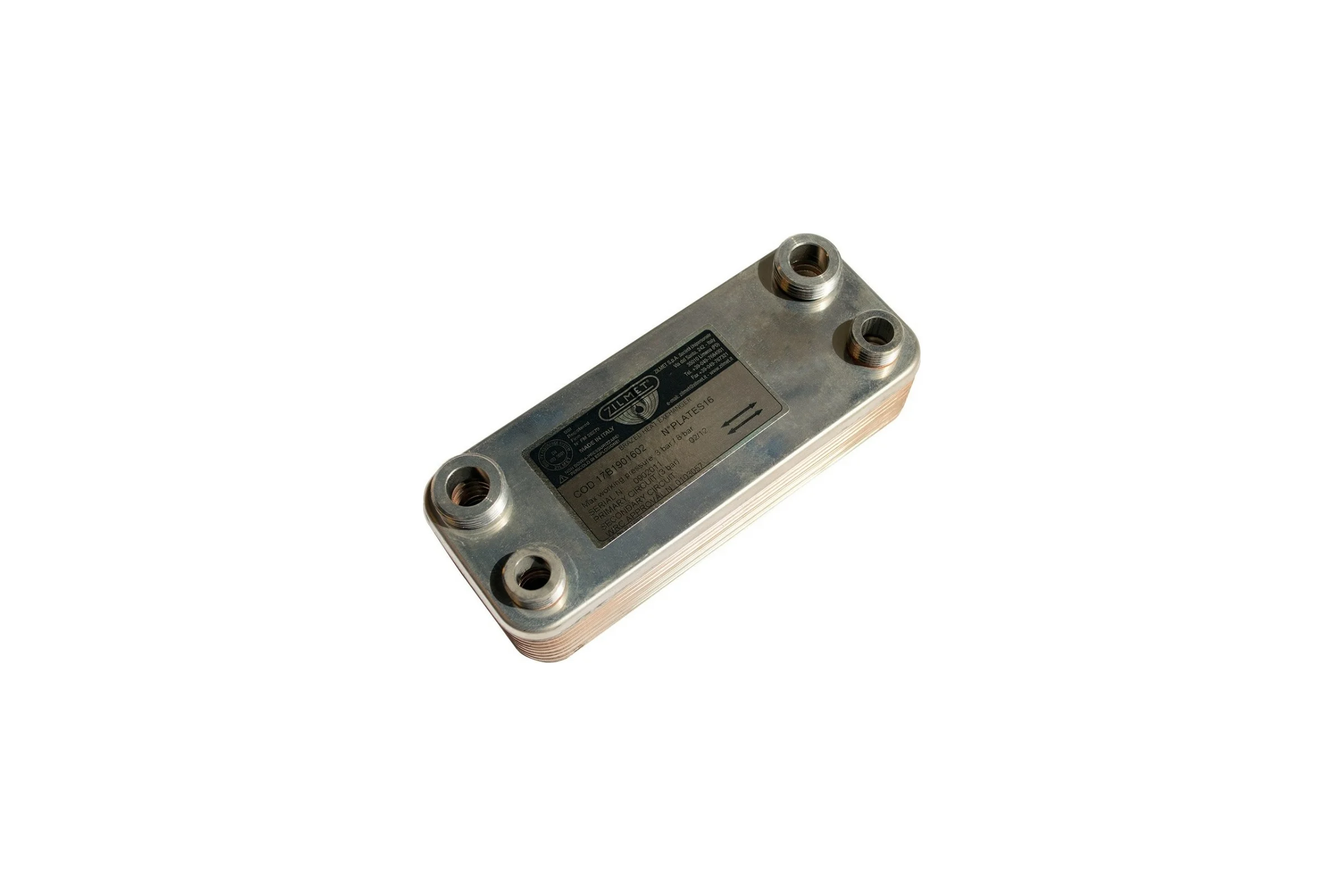 Паяный теплообменник Zilmet ZВ207 - 12Р соединение 3/4"ст+1/2" нержавеющая сталь, рабочее давление А-В 8 бар, С-D 3 бара, р-ры 207-77 мм, t = -10 +120 C 17B2071202