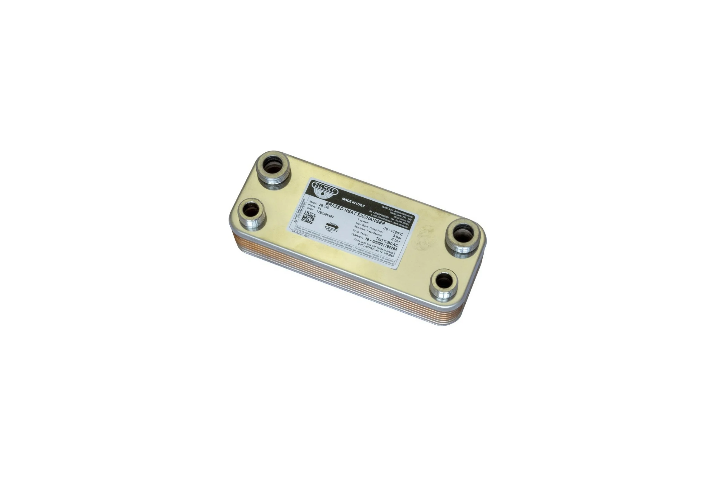 Паяный теплообменник Zilmet ZВ190 - 14P соединение 3/4" сталь + 1/2" нержавеющая сталь, р-ры: 190x77 мм, рабочее давление А-В- 8 бар, С-D- 3 бара 17B1901402