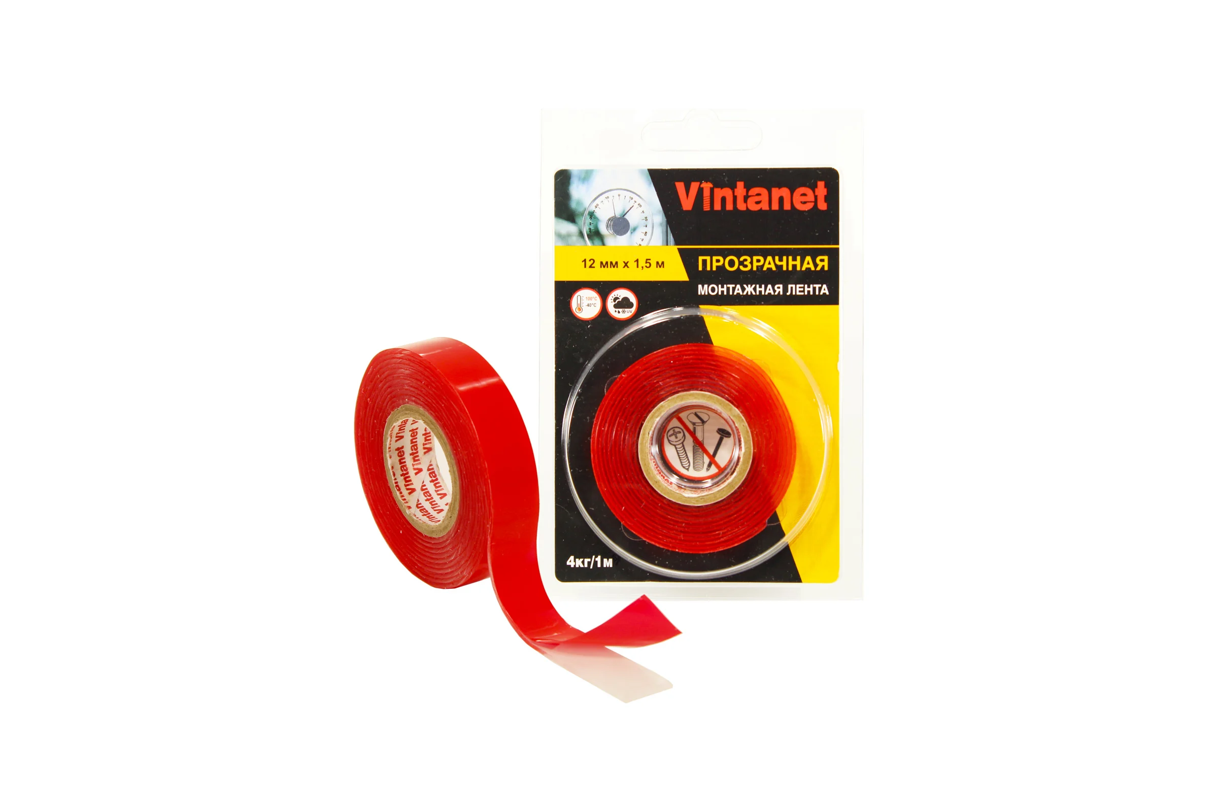 Монтажная двусторонняя клейкая лента VINTANET 135, прозрачная, 12 мм х 1,5 м VN1351215