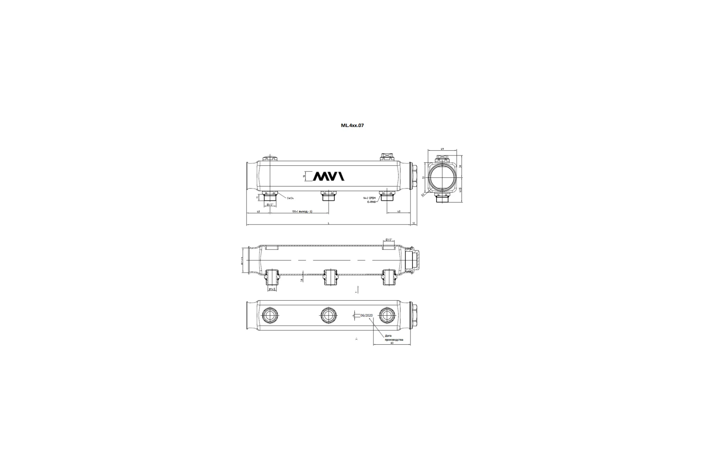 Коллектор MVI из нержавеющей стали, м\ц 100мм, 1 1/4"x1/2", 6 выходаов (пара) ML.406.07