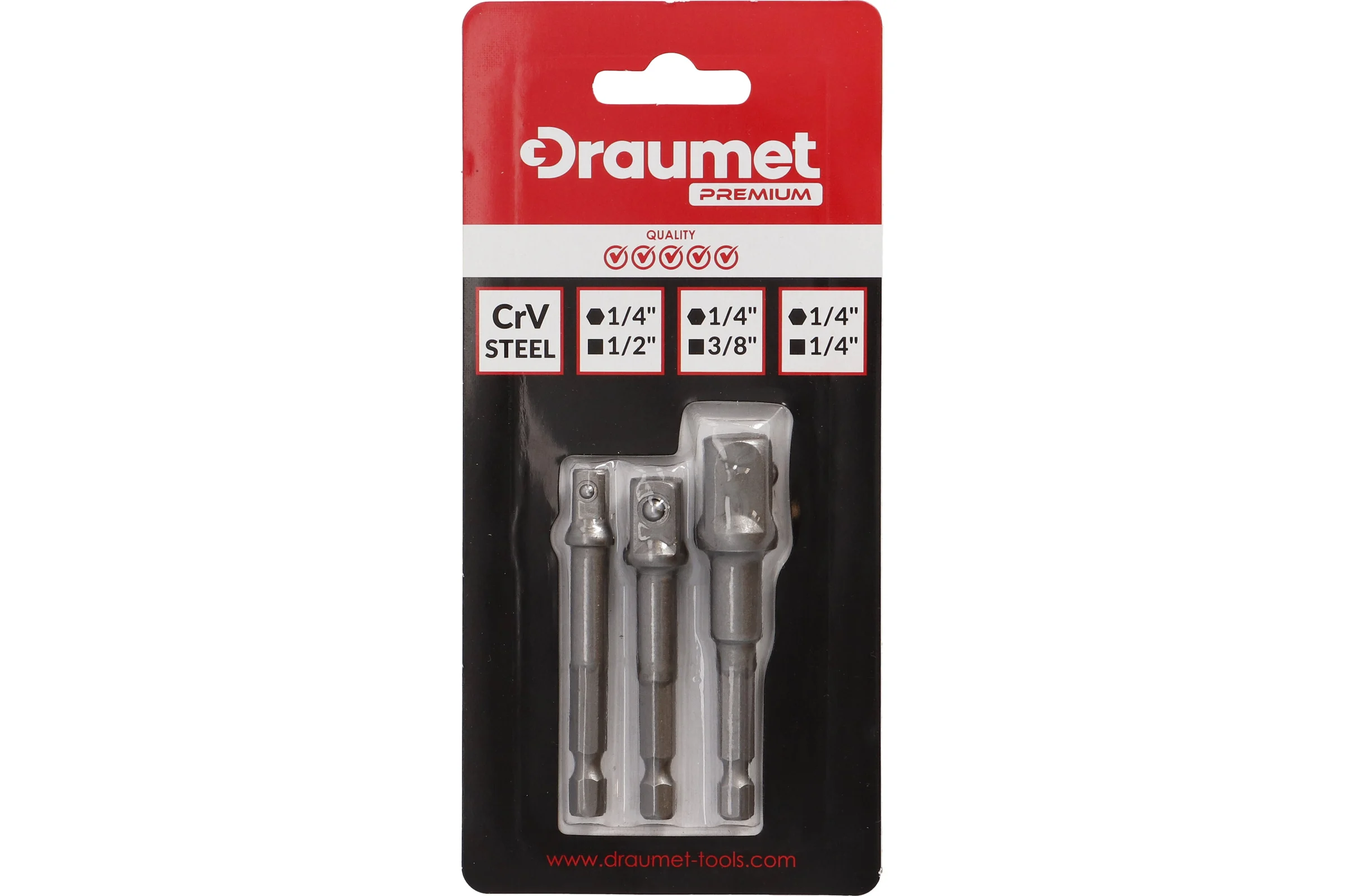 Адаптеры для бит с 1/4" HEX на 1/2, 3/8, 1/4" квадрат DRAUMET PREMIUM DPAGHK14/ DP224-01