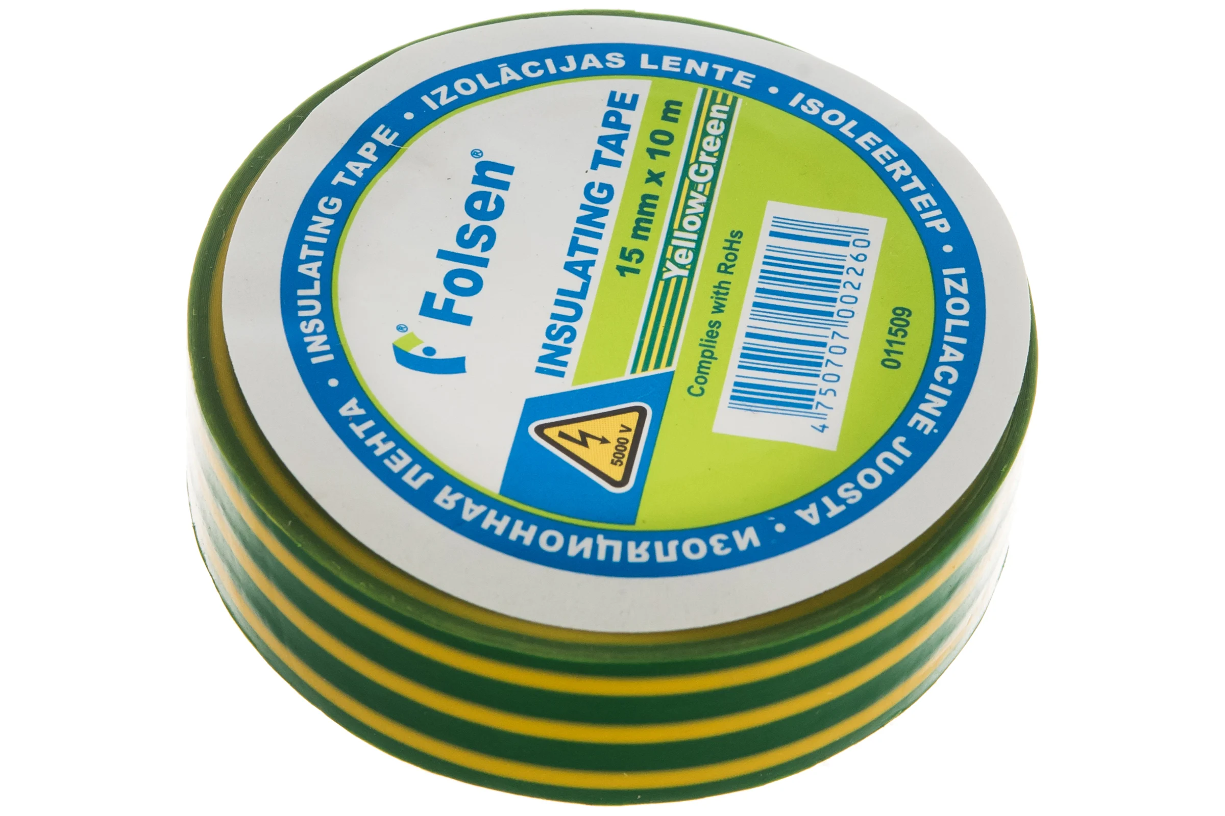 Изоляционная лента Folsen 15ммx10м желто-зеленая 011509