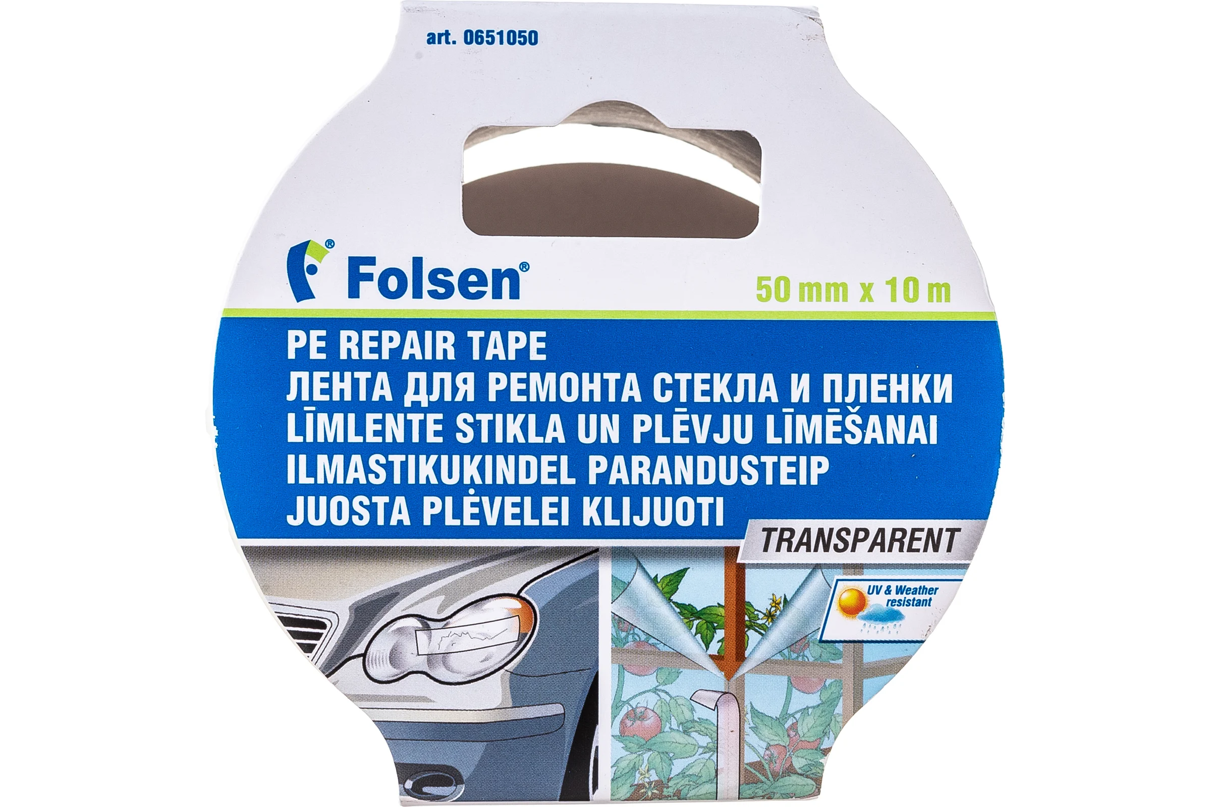 Лента для ремонта стекла и плёнки Folsen PE UV влагоустойчивая прозрачная 50ммх10м 0651050