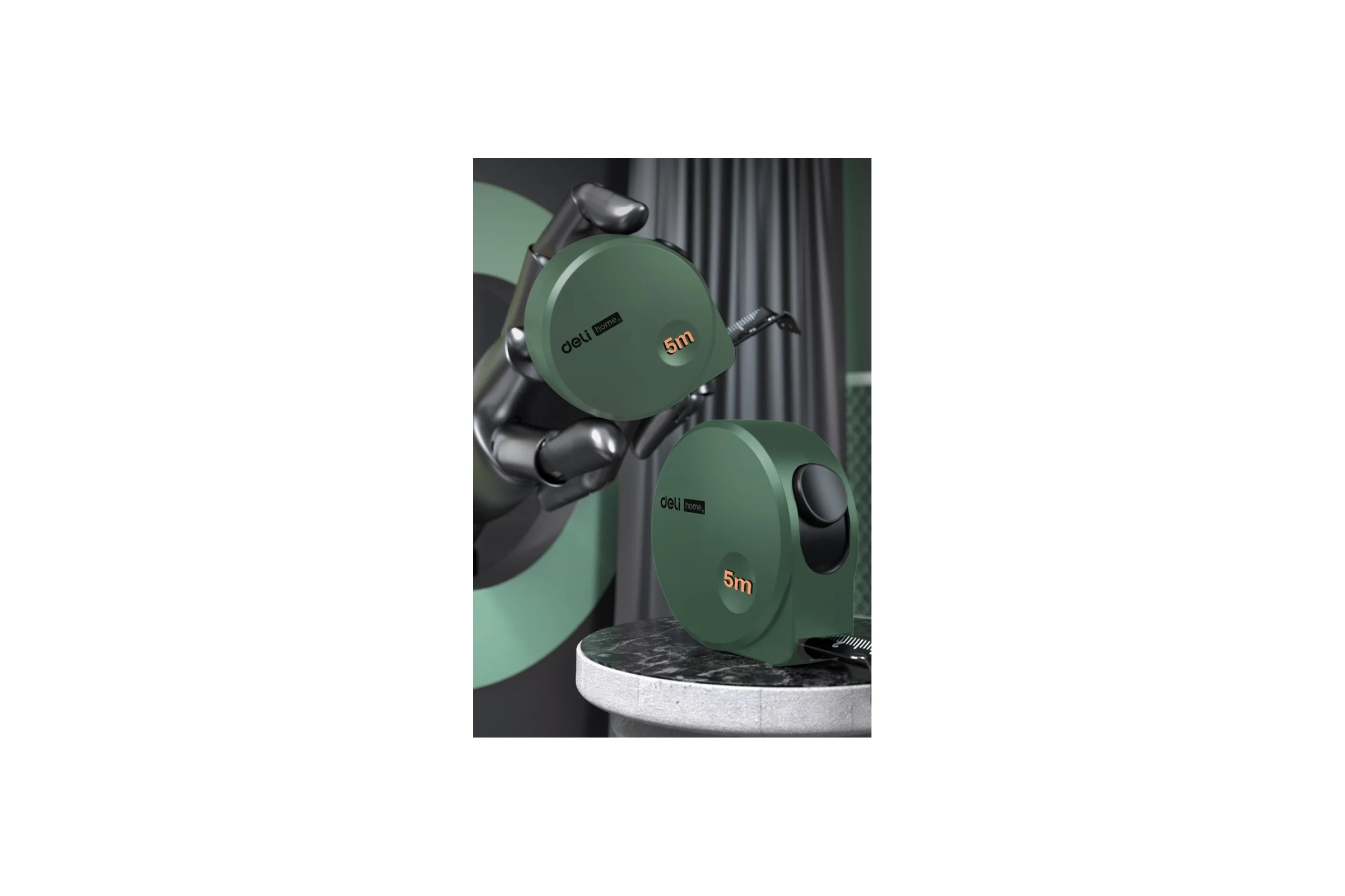 Рулетка DELI home series green ht8519l 5мх19мм, эксклюзивный дизайн, корпус из софттач пластика, противоскользящая резиновая вставка, подарочная упаковка 112897