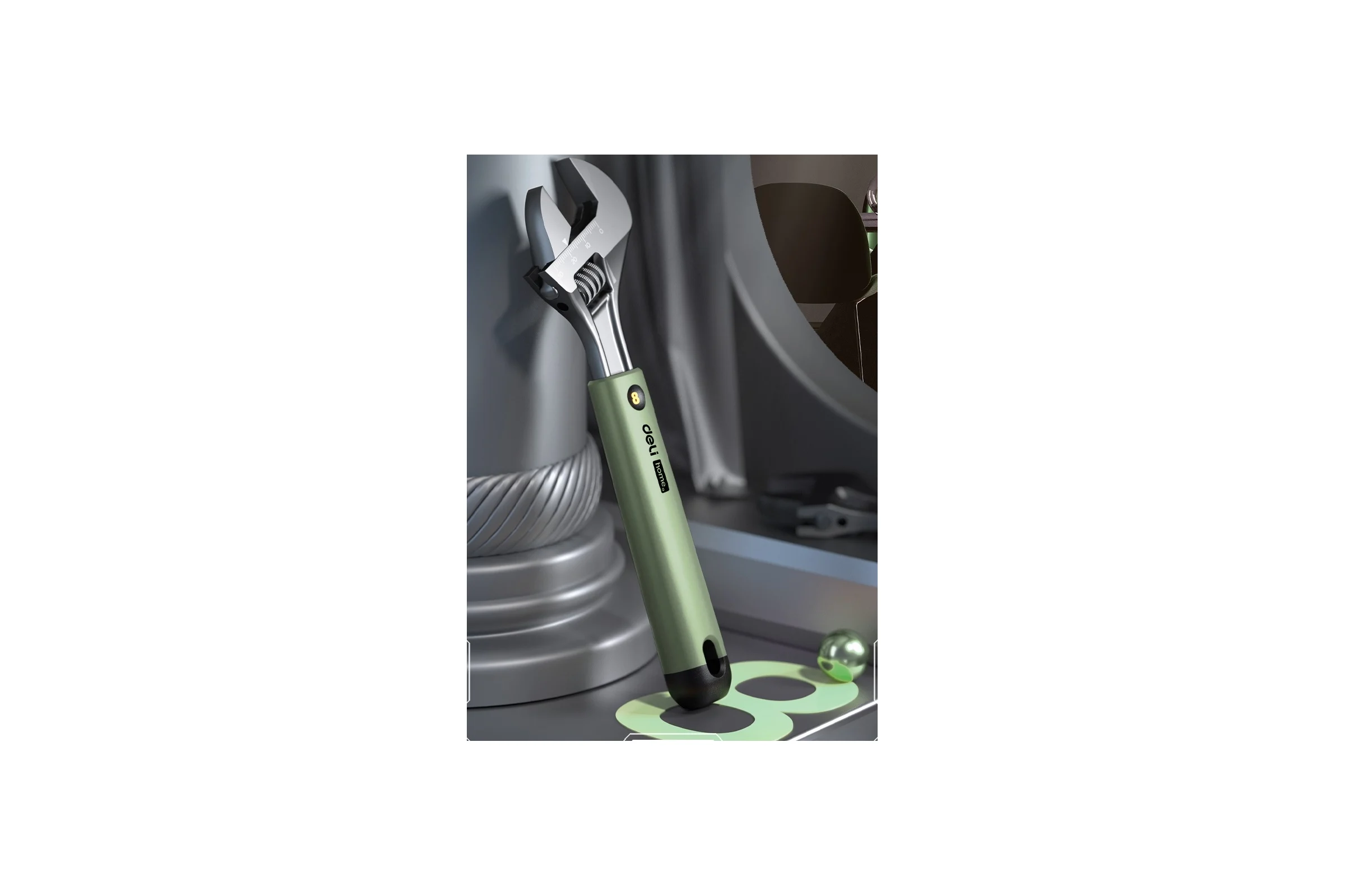 Разводной ключ DELI Home Series Green HT1508L 200 мм, Soft Touch рукоять, лазерная гравировка шкалы, эксклюзивный дизайн, подарочная упаковка 112880