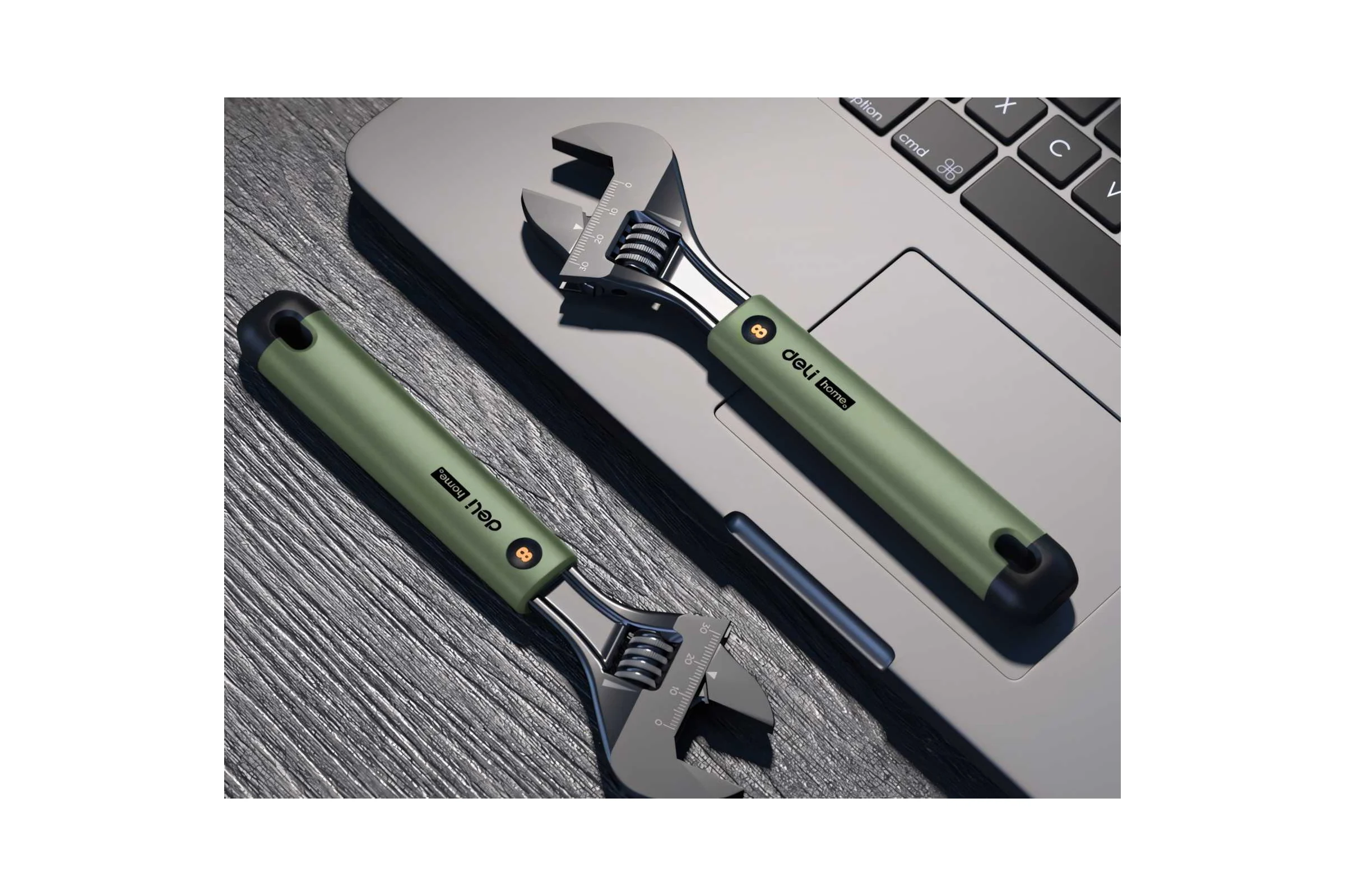 Разводной ключ DELI Home Series Green HT1508L 200 мм, Soft Touch рукоять, лазерная гравировка шкалы, эксклюзивный дизайн, подарочная упаковка 112880