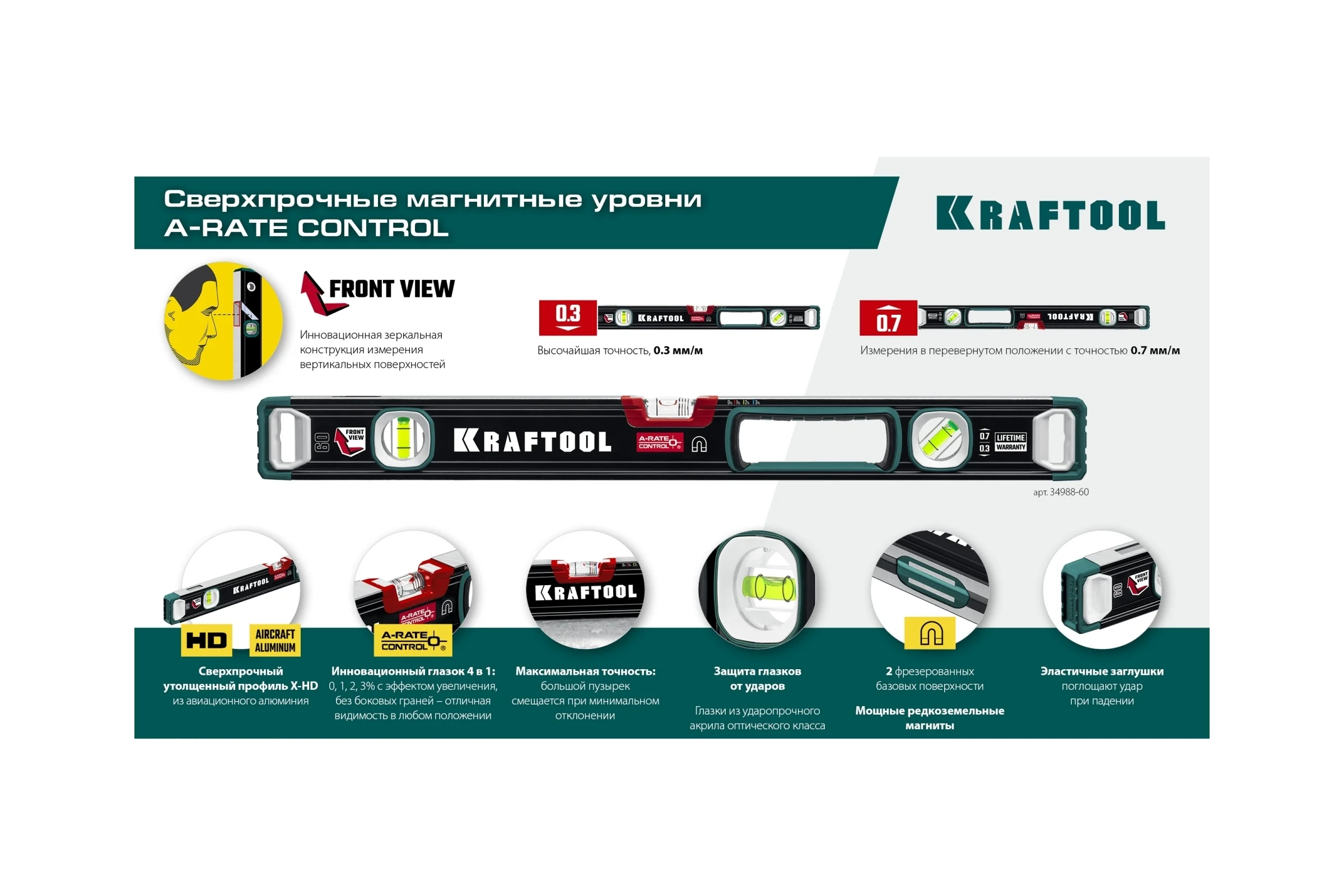 Магнитный сверхпрочный уровень KRAFTOOL A-RATE Control с зеркальным глазком, 600 мм 34988-60