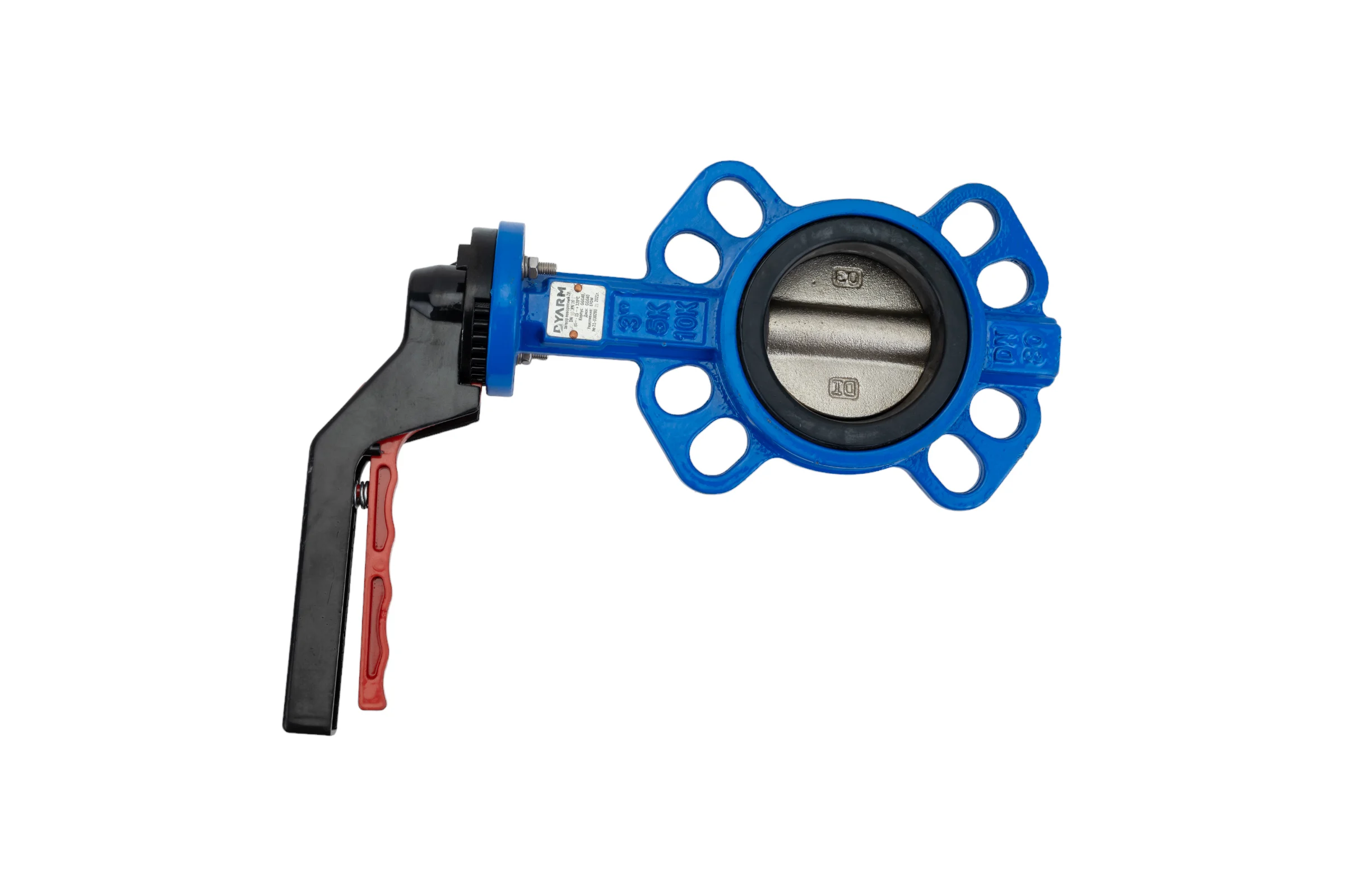 Поворотный затвор DYARM -ZP-080-16-G-G-E-HT (синий), DN080, PN16, межфланцевый/корпус GGG40/диск GGG40/уплотнение EPDM HT, с ручкой 4687203187149