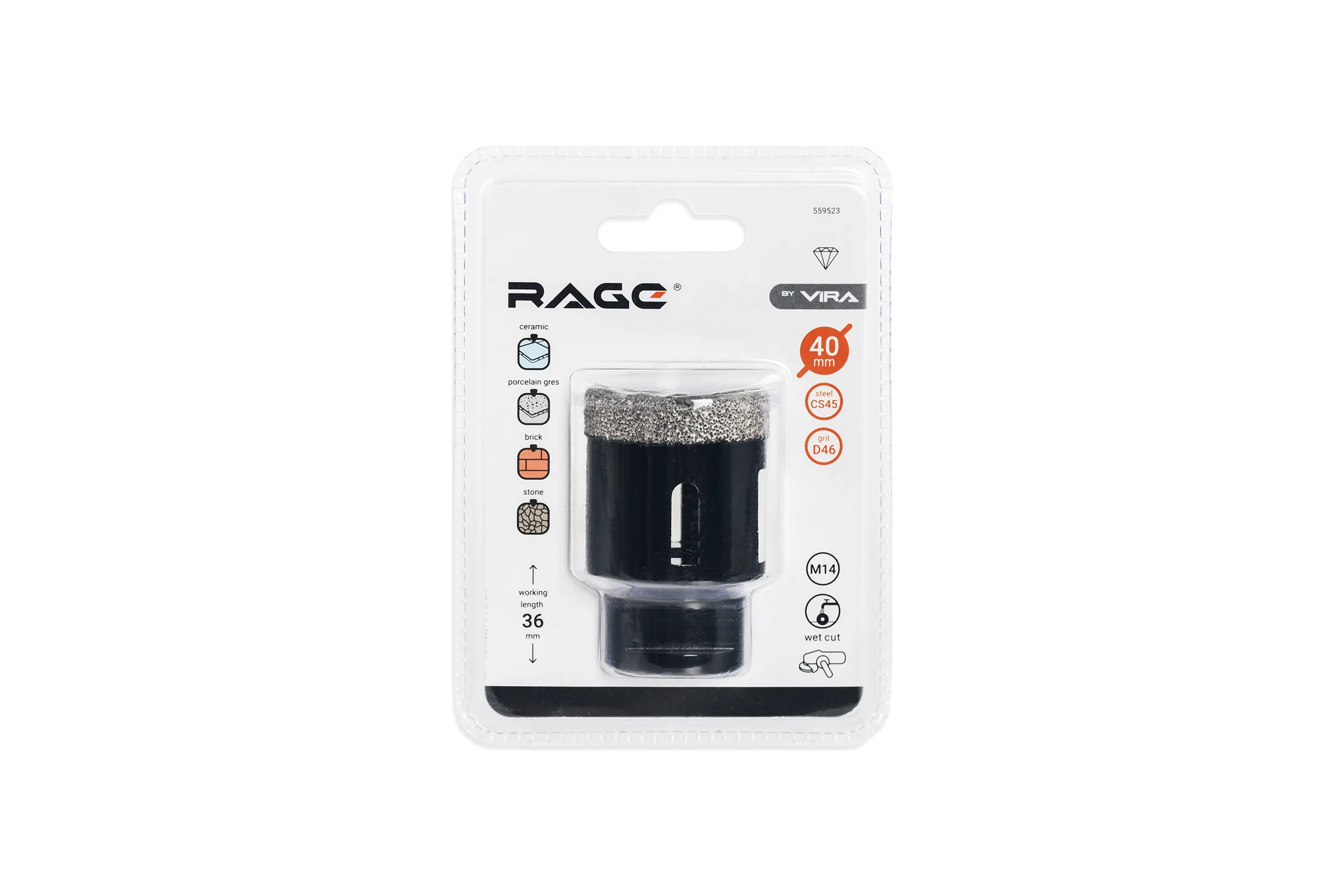 Коронка алмазная по керамике 40 мм М14 для УШМ RAGE by VIRA 559523