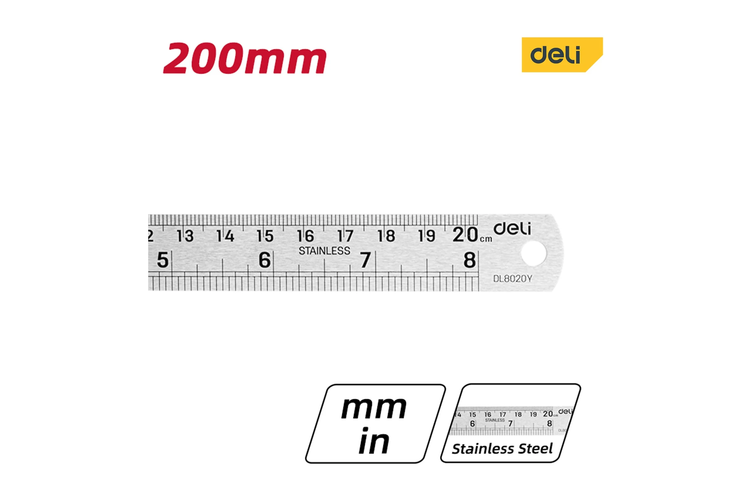 Стальная линейка DELI dl8020y 200 мм, нержавеющая сталь 118990