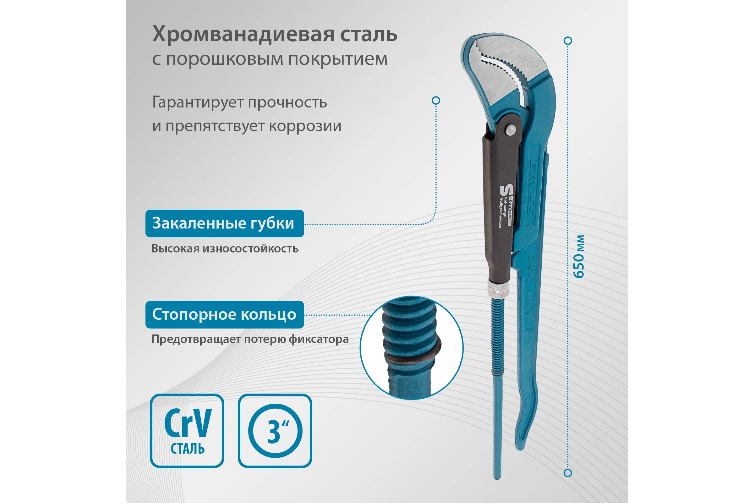 Трубный рычажный ключ GROSS №4, 3", цельнокованый, CrV, тип S 15616