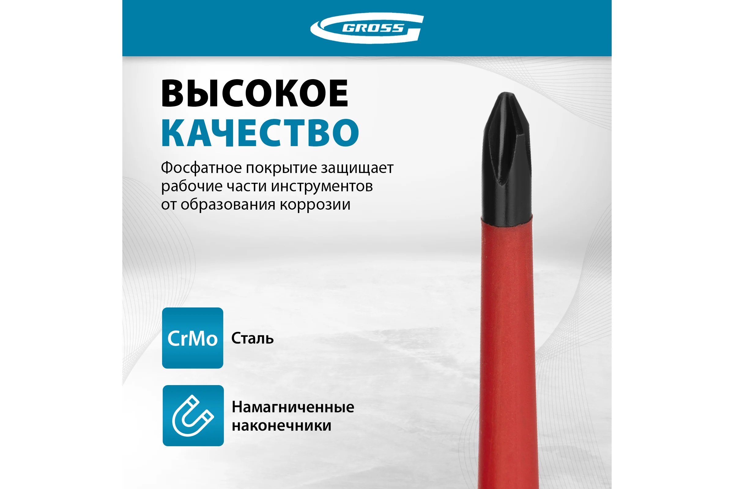 Набор диэлектрических отверток до 1000В, тестер, CrMo, двухкомпонентные рукоятки 8шт GROSS 12950