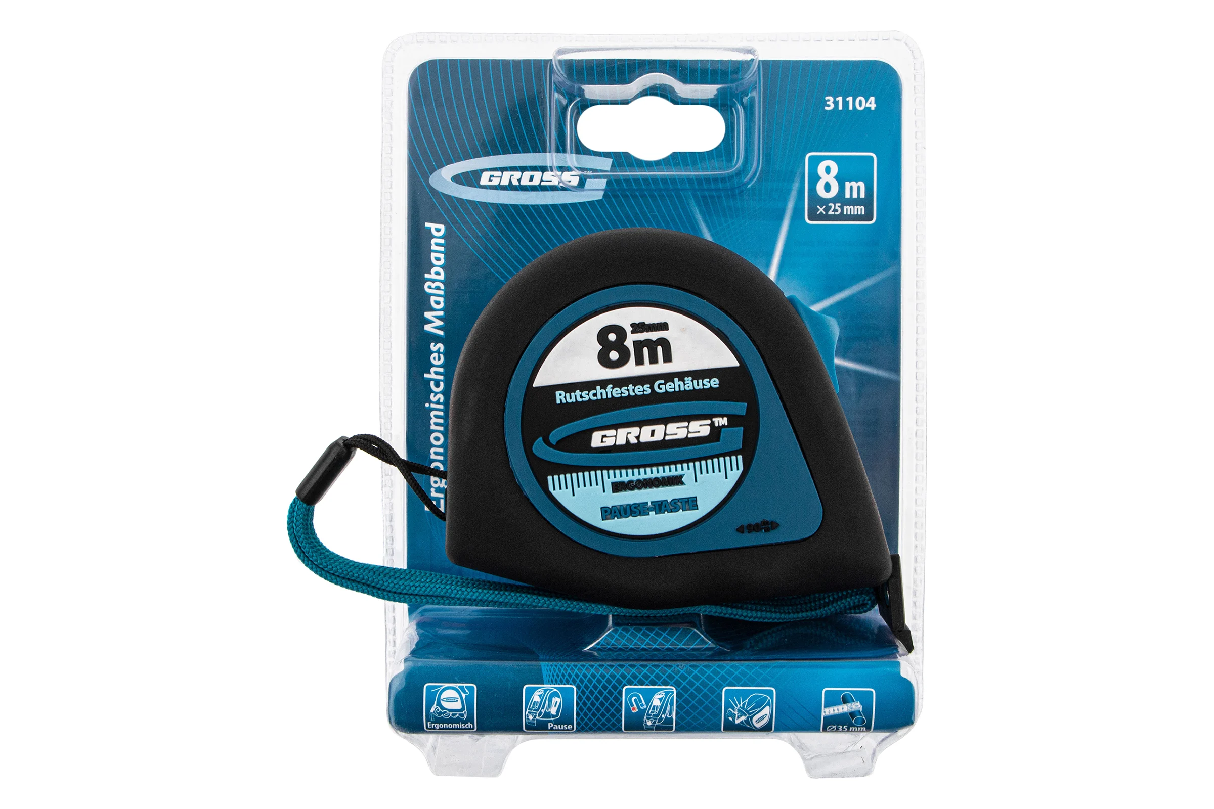 Рулетка GROSS Ergonomisch 8 м, 25 мм, магнитный обрезиненный зацеп 31104