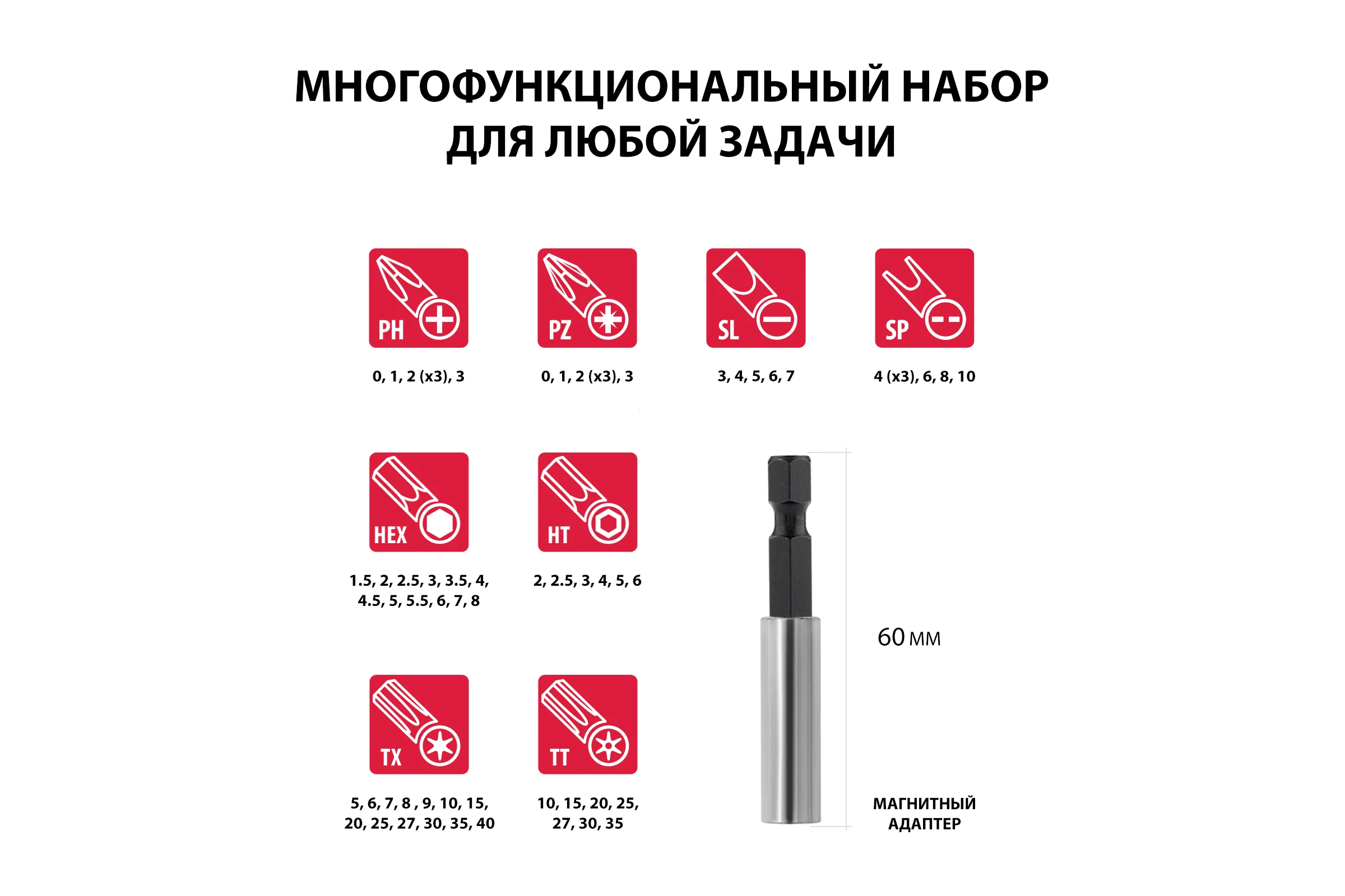 Набор бит с магнитным держателем, CrV, 61шт MATRIX 11387