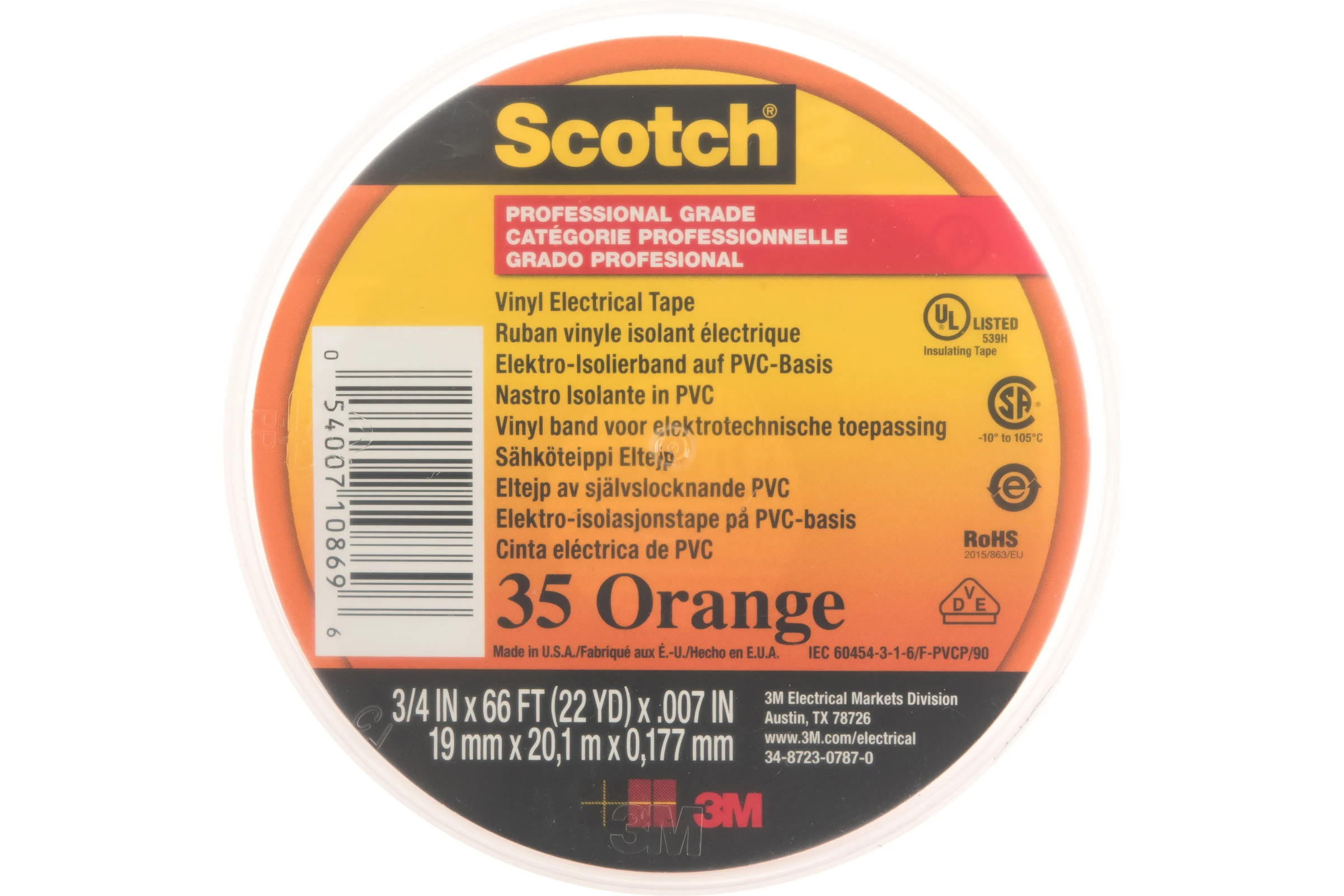 Изоляционная лента высшего класса 3М Scotch 35 оранжевая 19мм х 20м х 0,18мм 7100238737