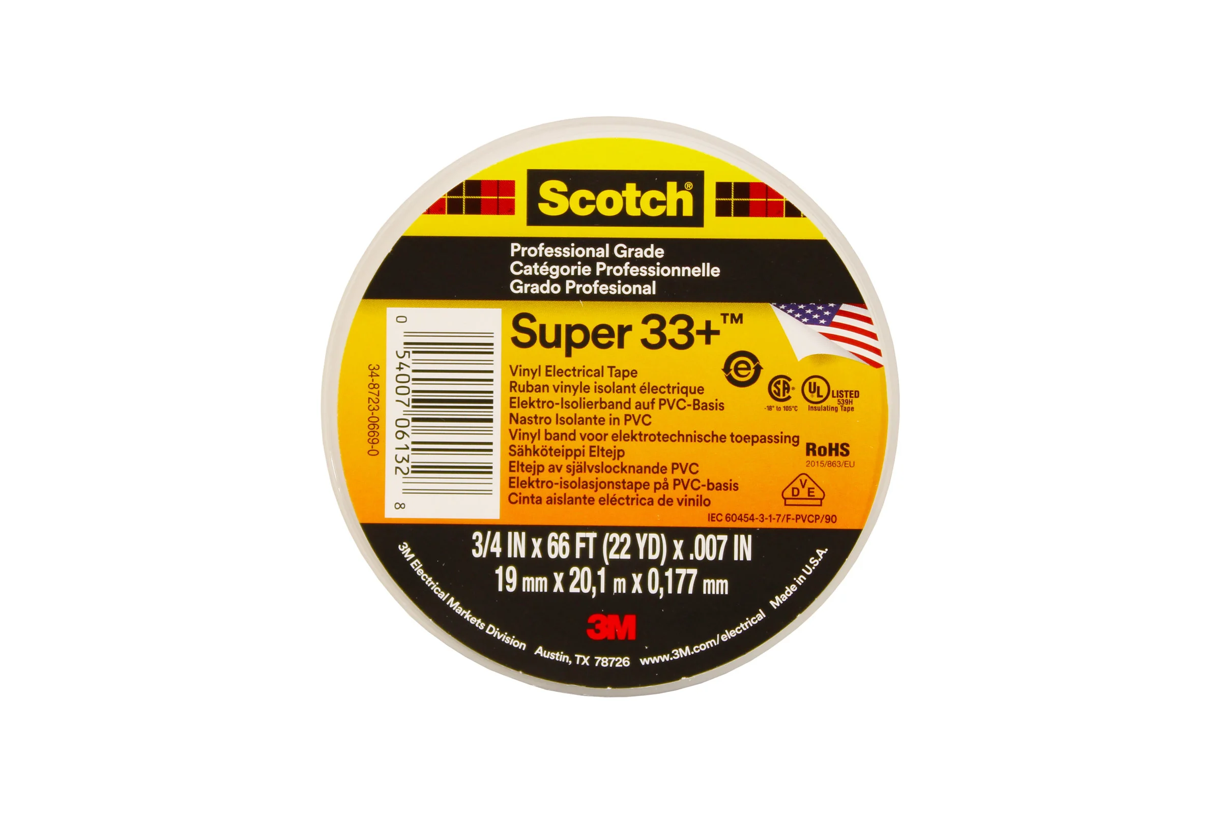 Изоляционная лента высшего класса 3М Scotch Super 33+ 19мм х 20м х 0,18мм 7000042541