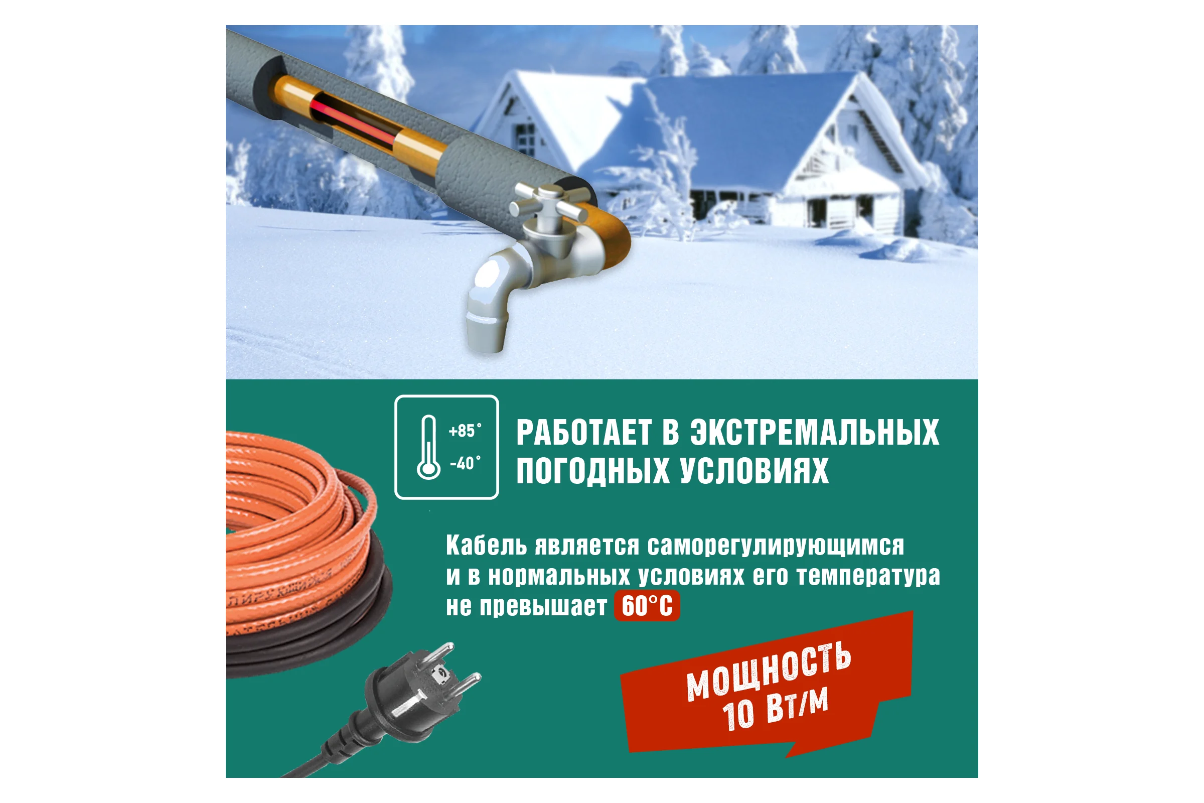 Комплект нагревательного саморегулирующегося кабеля REXANT 10HTM2-CT, пищевой, 8м/80Вт в трубу 51-0604
