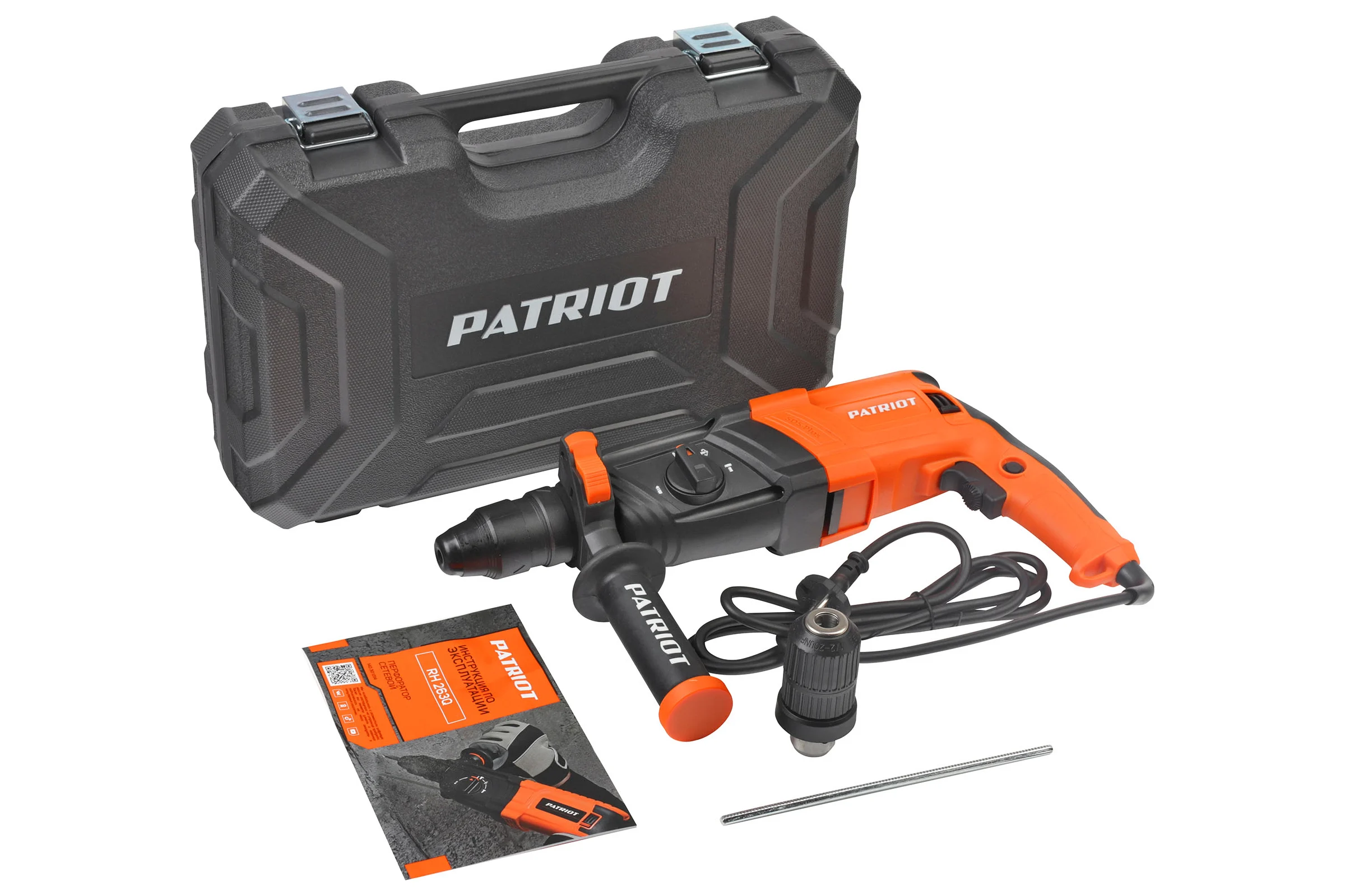 Перфоратор PATRIOT RH 263Q SDS+, мощность 880 Вт, 2.9 Дж, 3 режима работы, быстросменный патрон QCC, макс.диаметр 26 мм, глубиномер, кейс 140301314