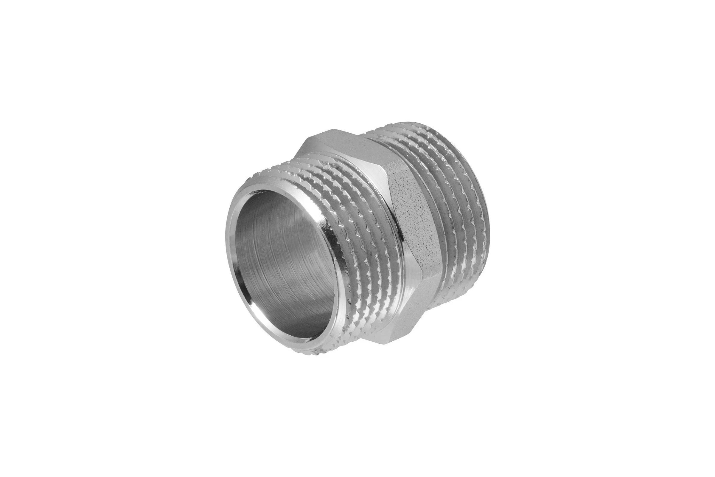 Ниппель MPF 3/4" бочонок латунный никелированный наружная резьба ИС.072165