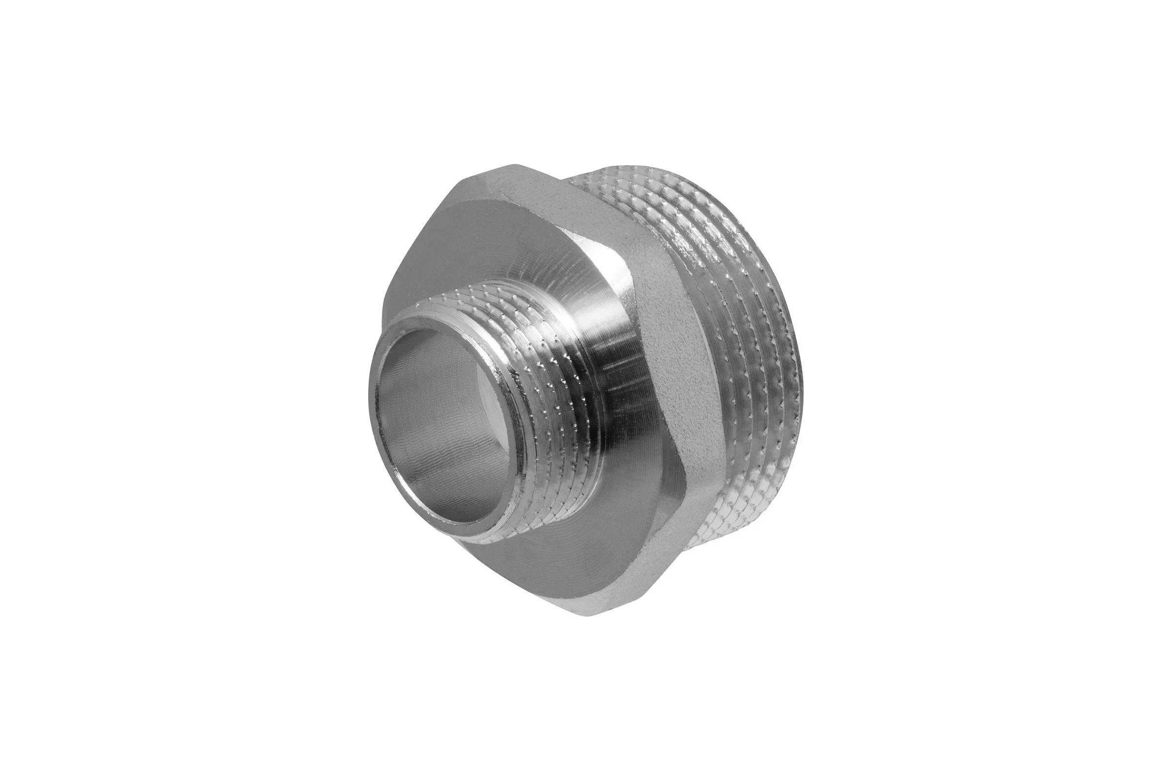 Ниппель-переходник MPF 1.1/4" х 3/4" бочонок латунный никелированный наружная резьба ИС.072177