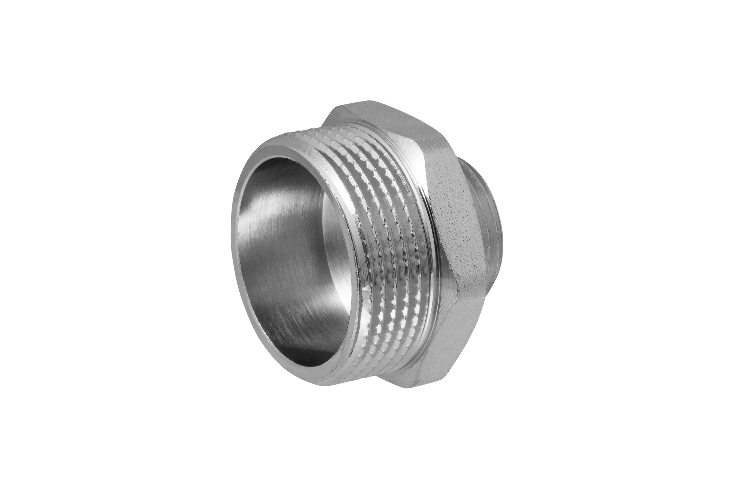 Ниппель-переходник MPF 1.1/4" х 3/4" бочонок латунный никелированный наружная резьба ИС.072177