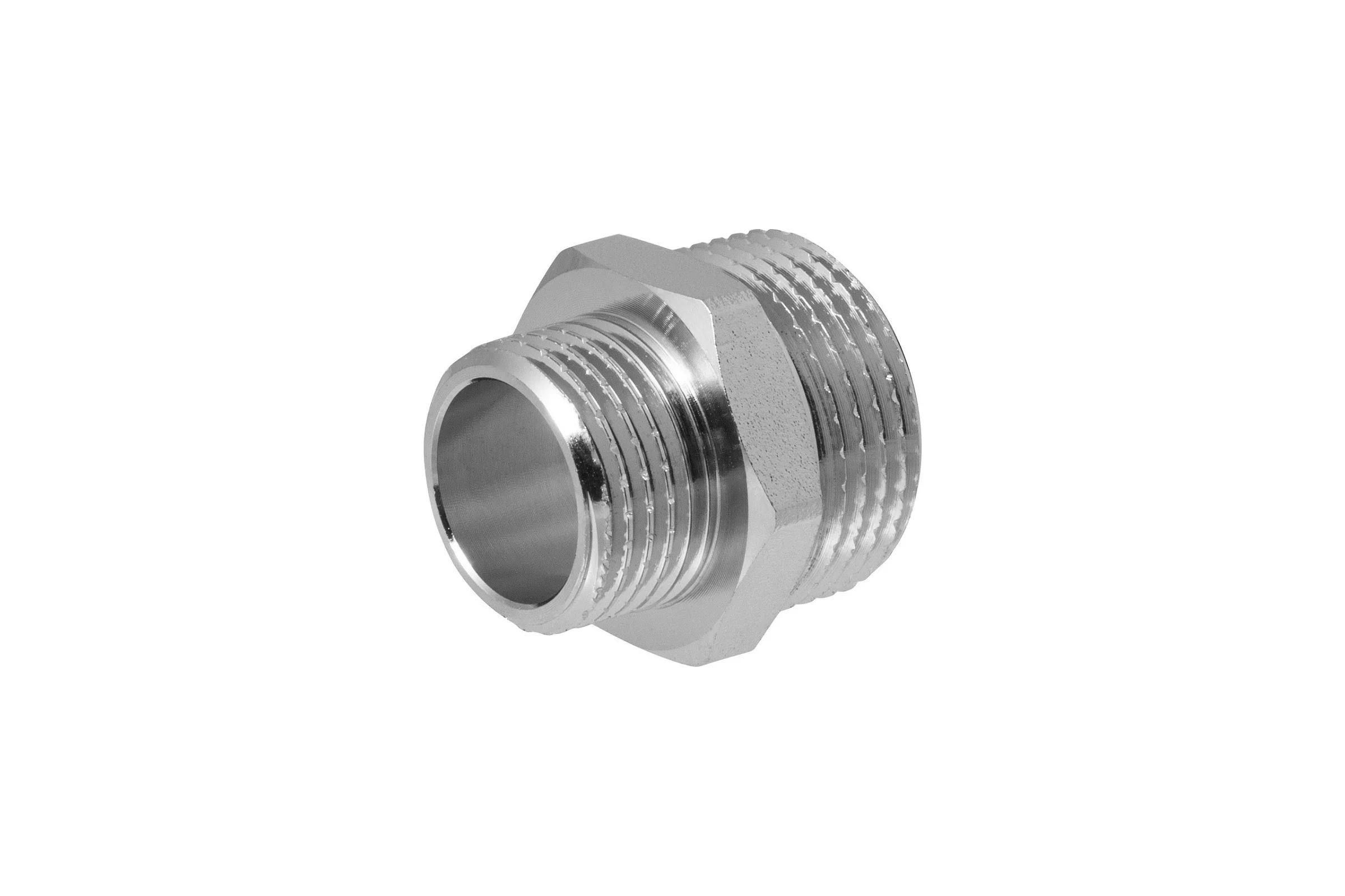 Ниппель-переходник MPF 3/4" х 1/2" бочонок латунный никелированный наружная резьба ИС.072173