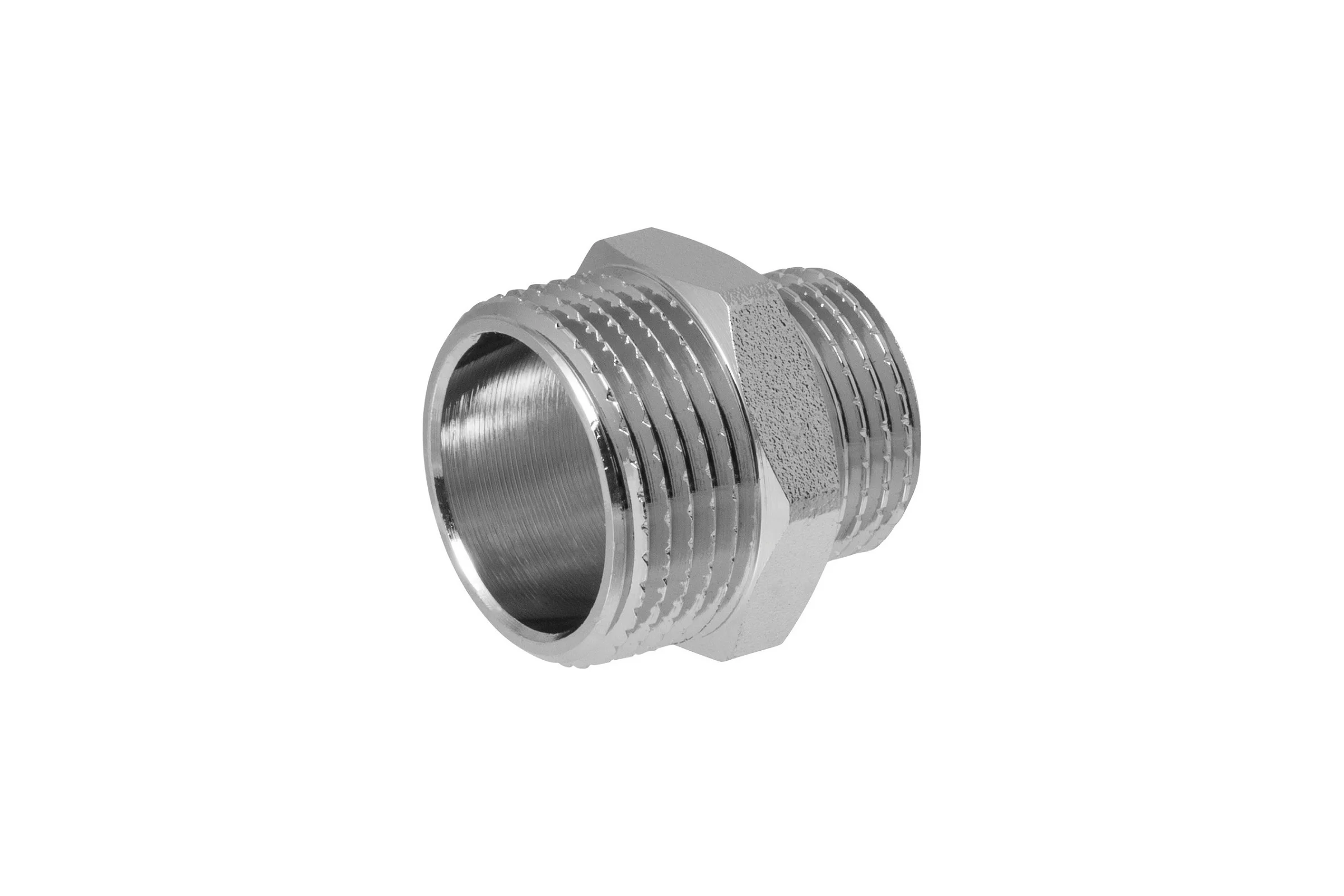 Ниппель-переходник MPF 3/4" х 1/2" бочонок латунный никелированный наружная резьба ИС.072173