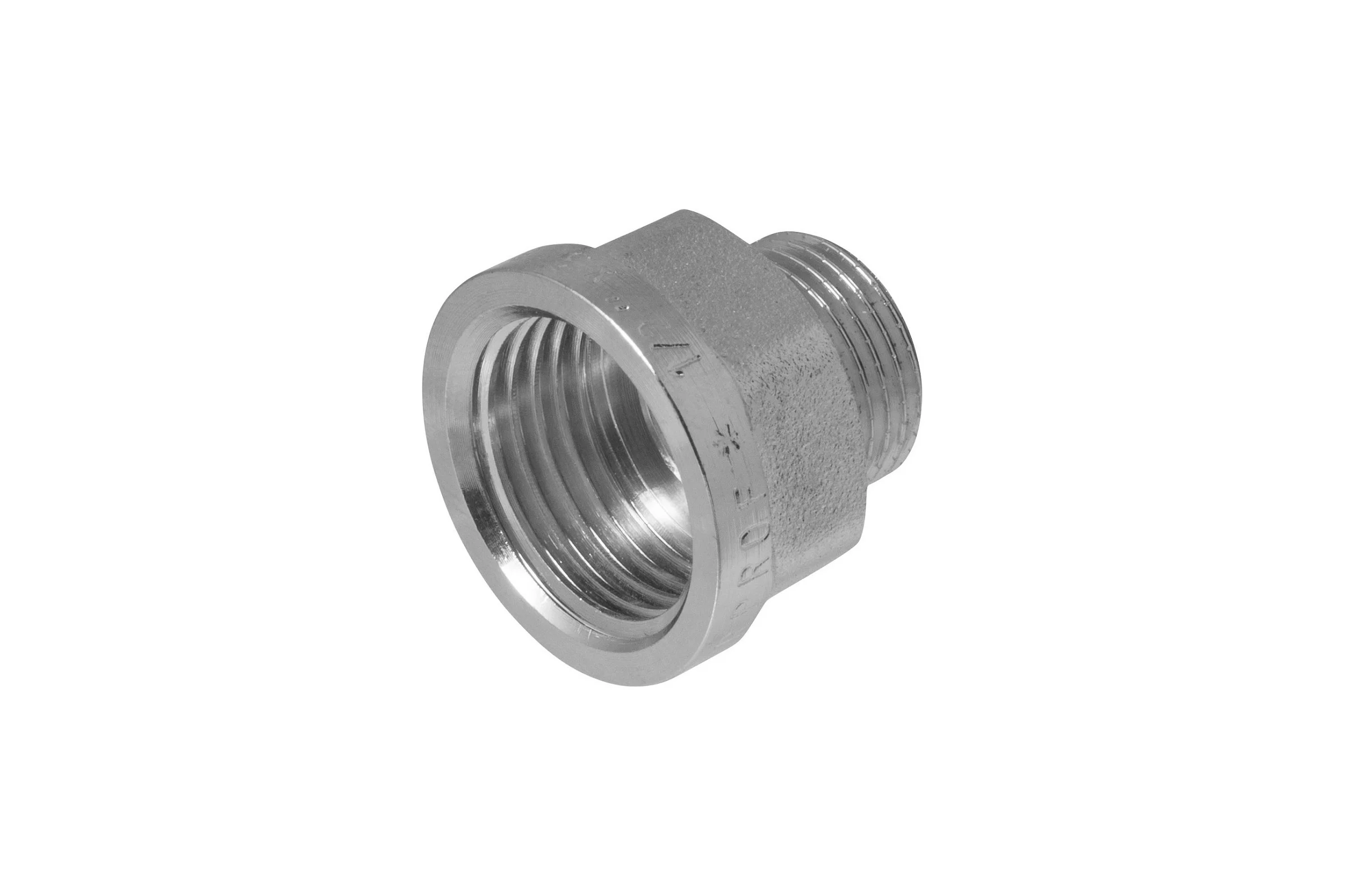 Переходник сантехнический с ребордой MPF 1/2" х 3/8" латунный никелированный внутренняя-наружная резьба ИС.072190