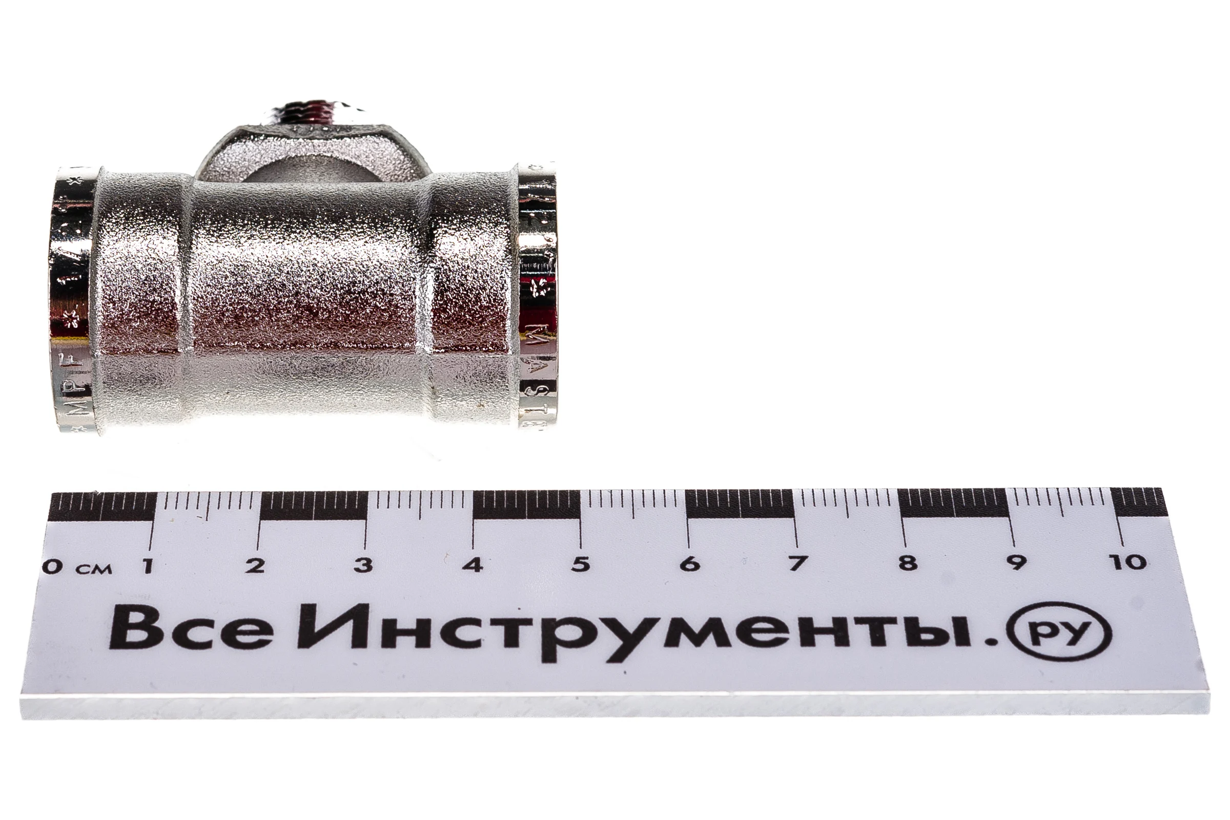 Тройник сантехнический с ограничителем MPF 1/2" латунный никелированный внутренняя-наружная-внутренняя резьба ИС.072225