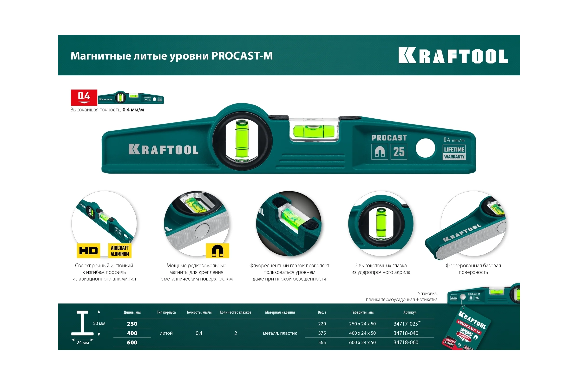 Магнитный литой уровень KRAFTOOL Procast-M 400 мм 34718-040
