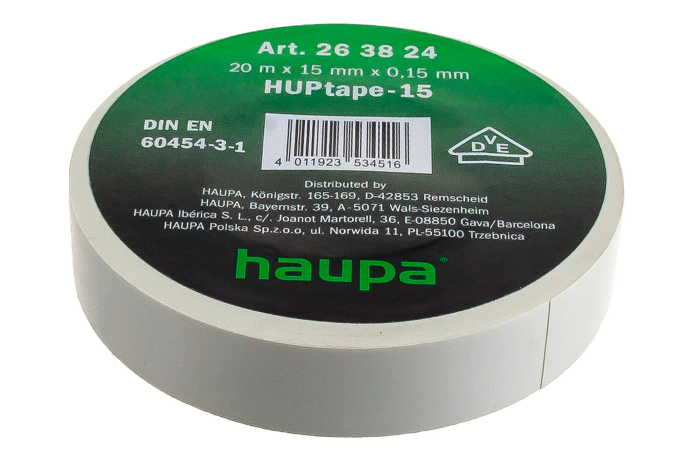 Изолента HAUPA ПВХ белый 15ммх20 м, d 74 мм 263824