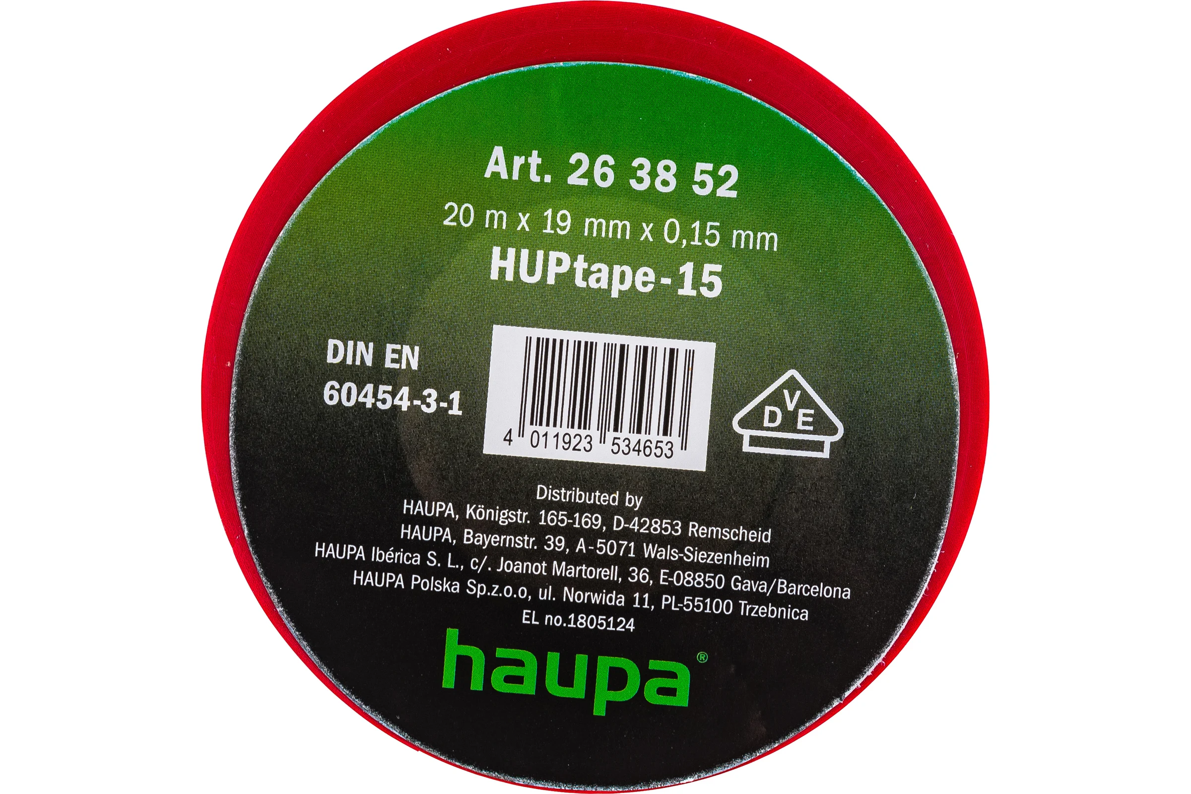 Изолента HAUPA ПВХ красный 19 ммх20 м, d 74 мм 263852