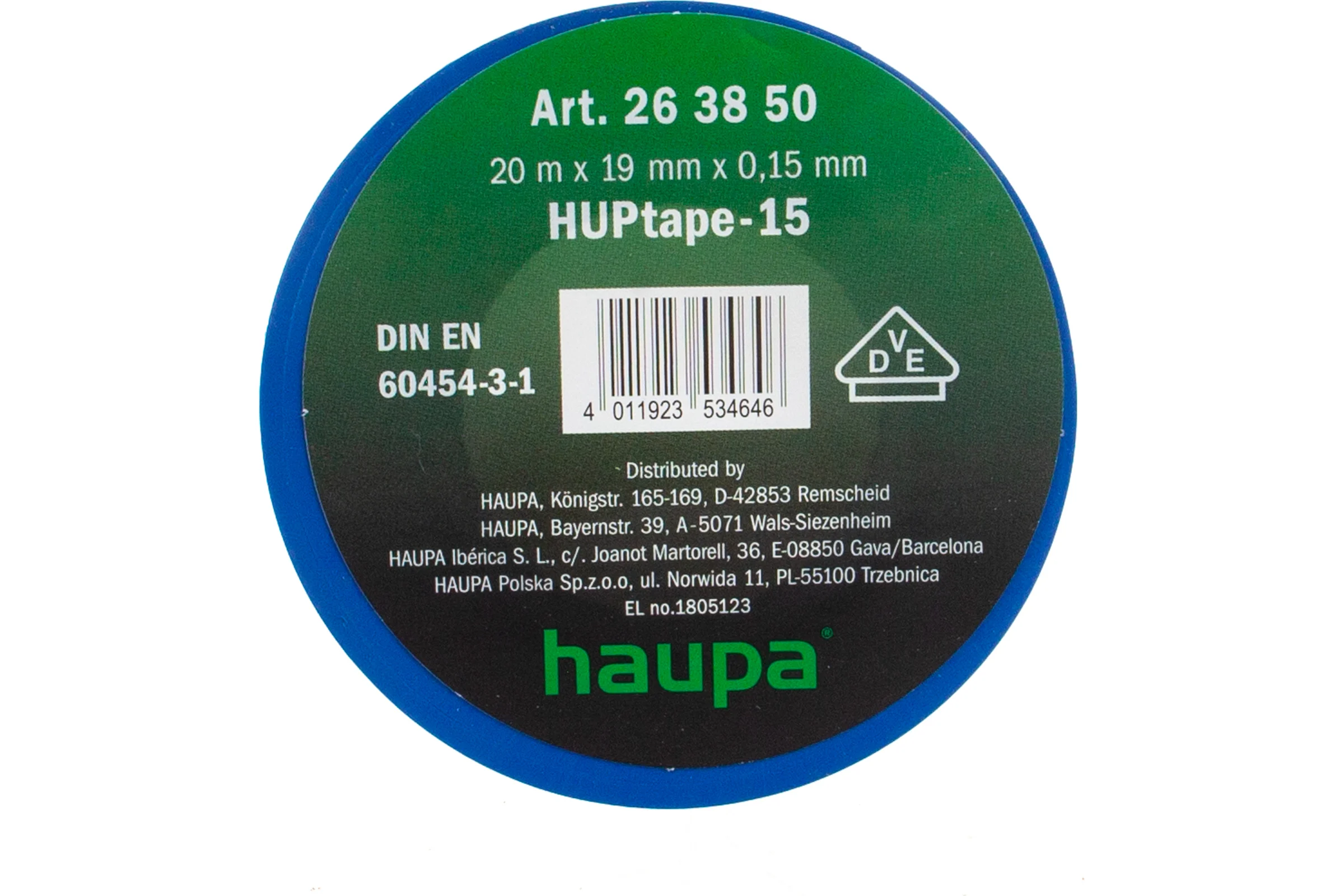 Изолента HAUPA ПВХ синий 19 ммх20 м, d 74 мм 263850