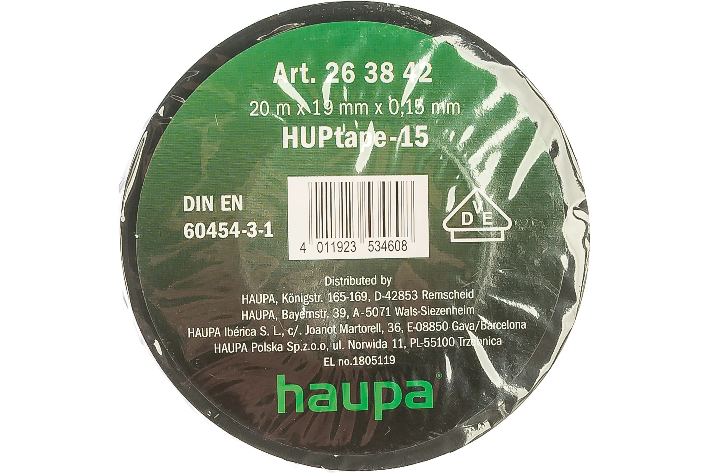 Изолента HAUPA ПВХ чёрный 19 ммх20 м, d 74 мм 263842