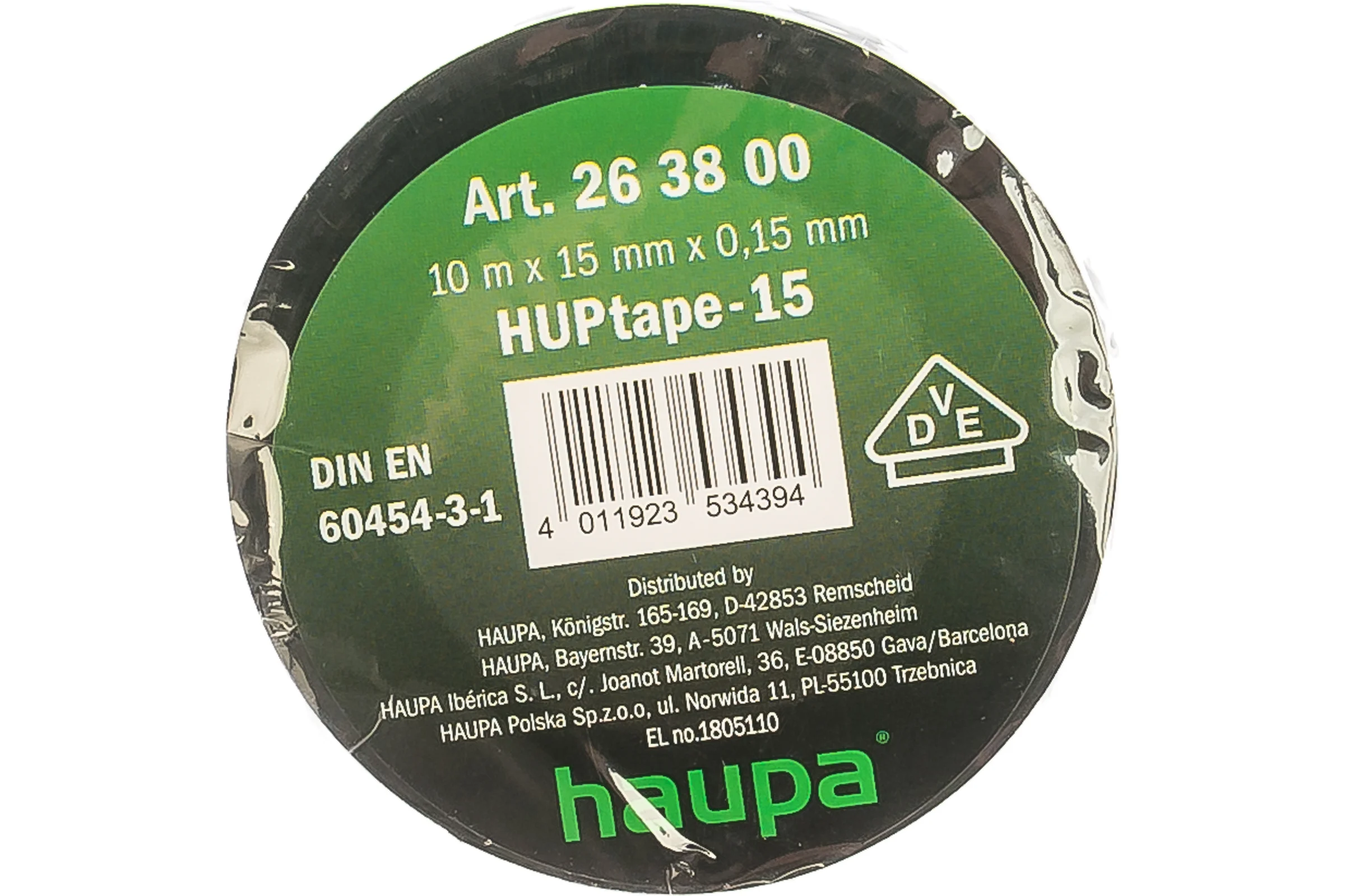 Изолента HAUPA ПВХ чёрный 15ммх10 м, d 60 мм 263800