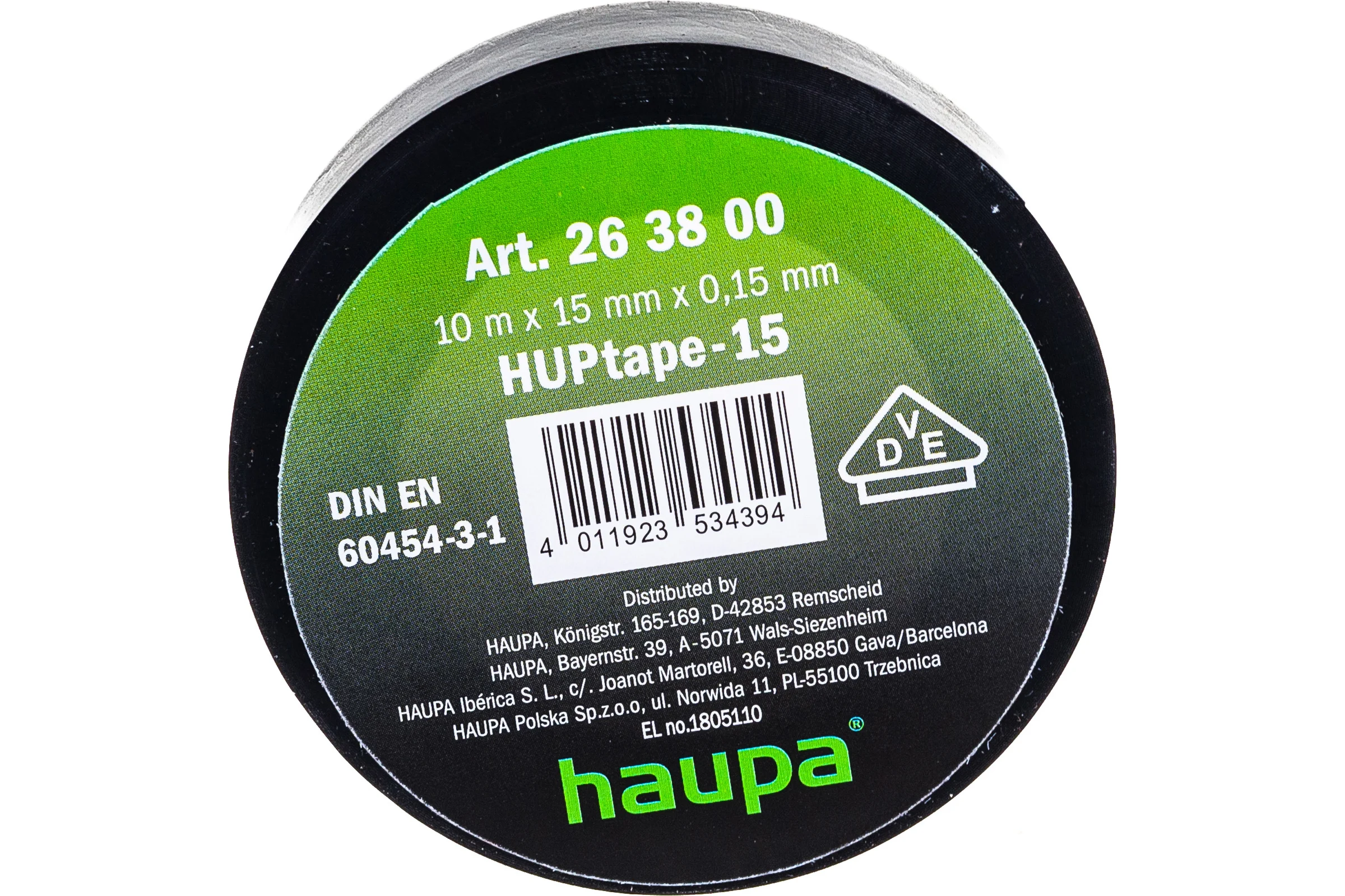 Изолента HAUPA ПВХ чёрный 15ммх10 м, d 60 мм 263800