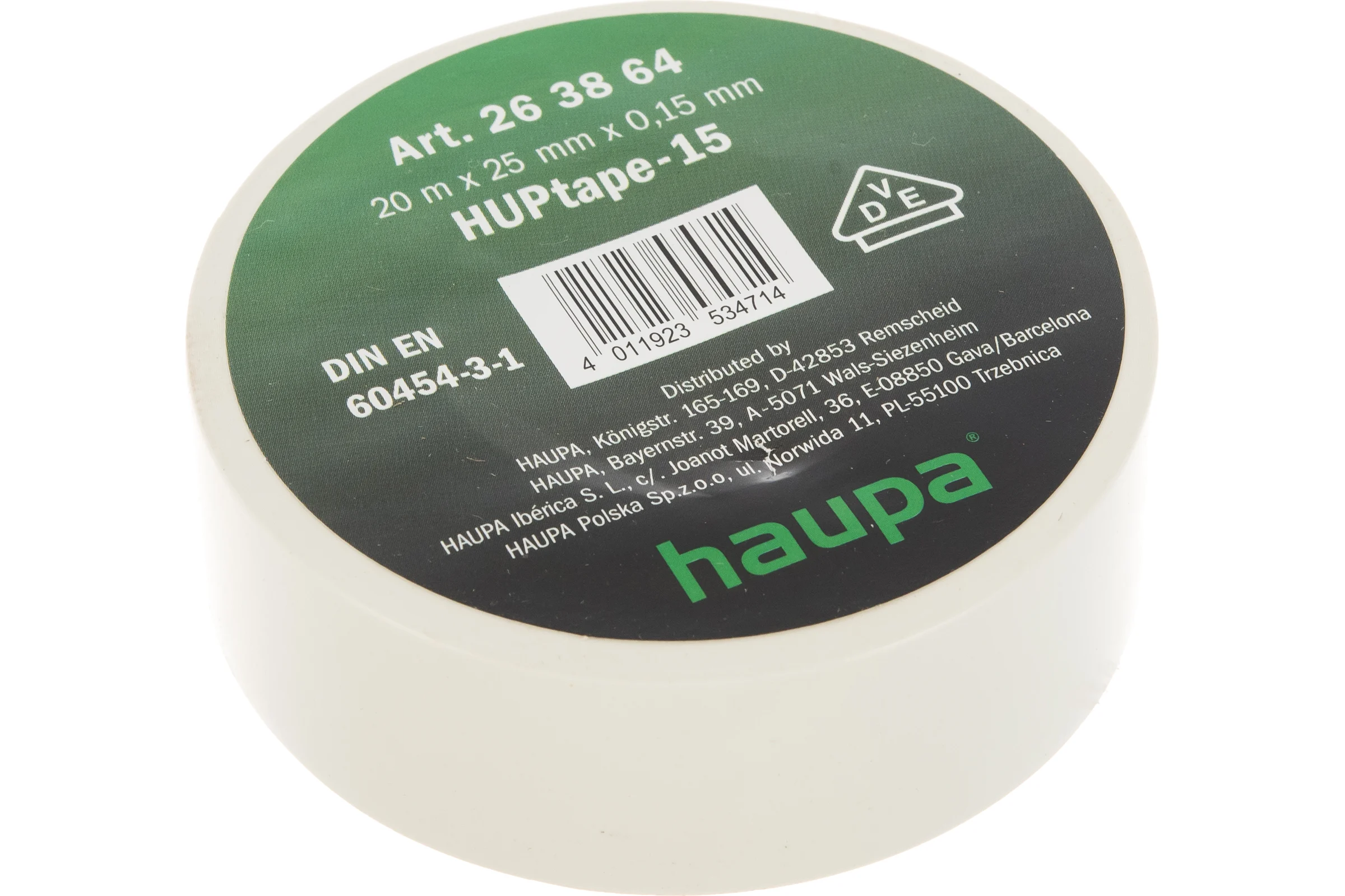 Изолента HAUPA ПВХ белый 25 ммх20 м, d 74 мм 263864